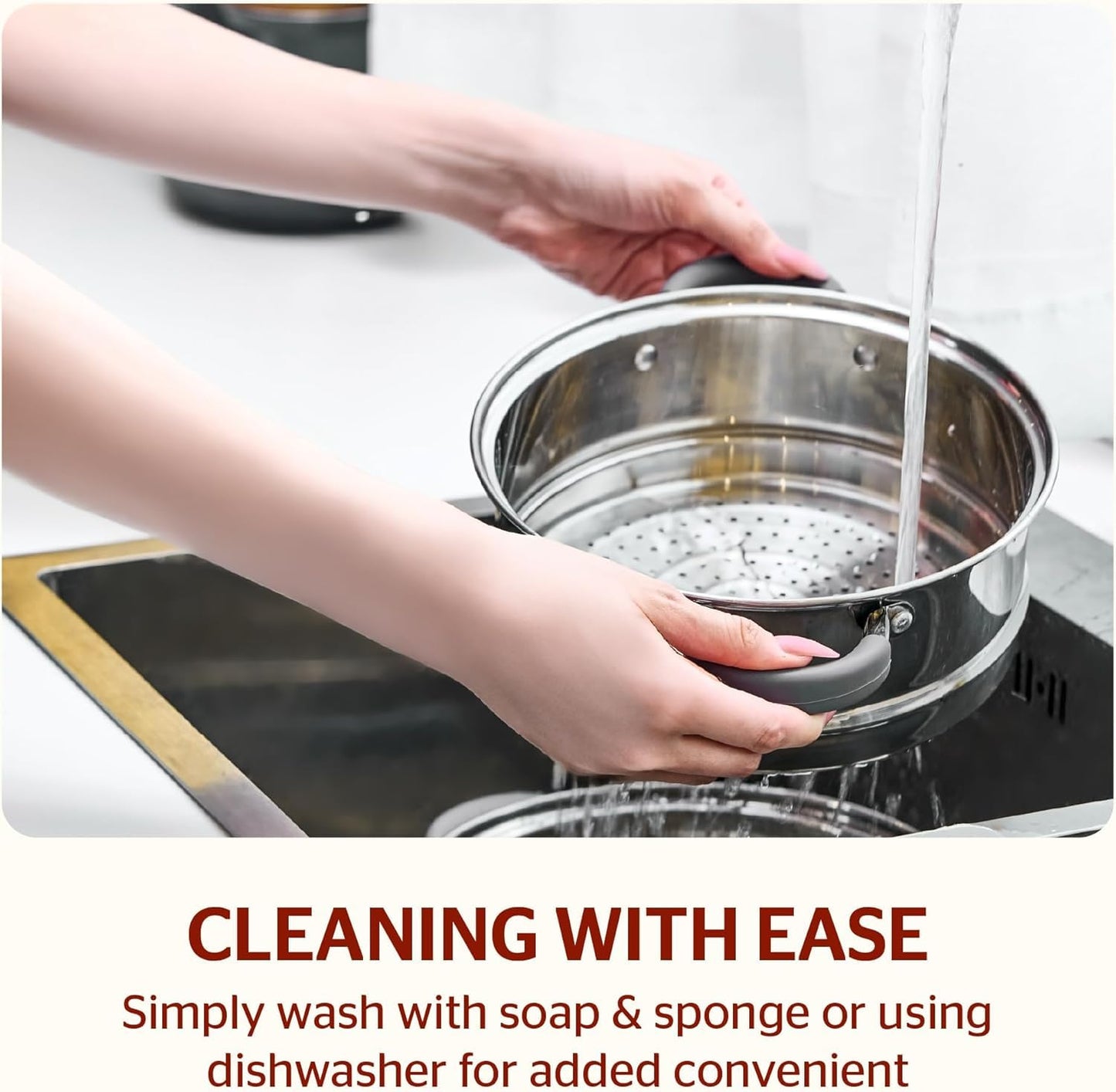 SUNHOUSE Stainless Steel Steamer Pot for Cooking - 3 QT Steaming Pot with Glass Lid & Steamer Basket - 2 Tier Tri-ply Base Vegetable Steamer with Stay-Cool Silicone Handles - Induction Compatible
