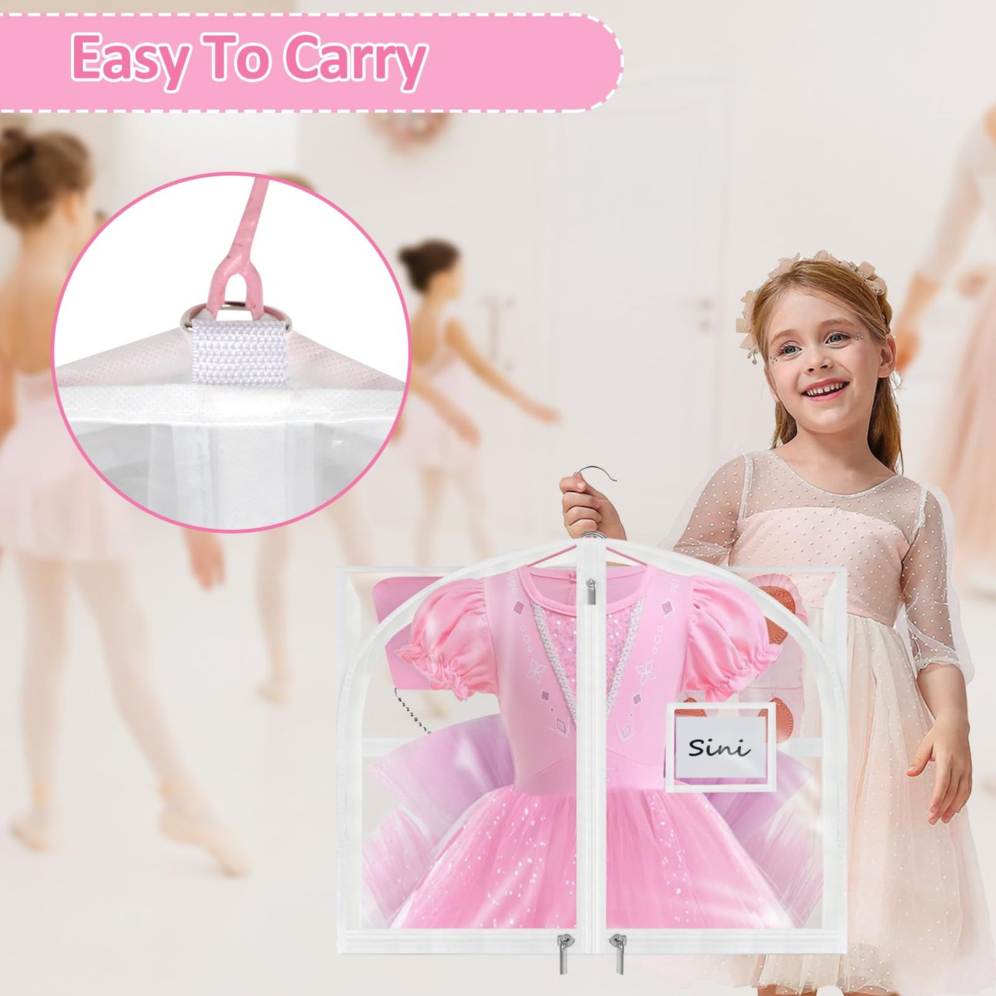 Wsaeig Garment Bags for Dance Costumes - 40 Inch Clear PVC with 5 Zipper Pockets (3 Pack, White) - Kids Dance Garment Bag for Dancers, Hanging Clothes Storage, Competitions & Travel (‎Clear White)