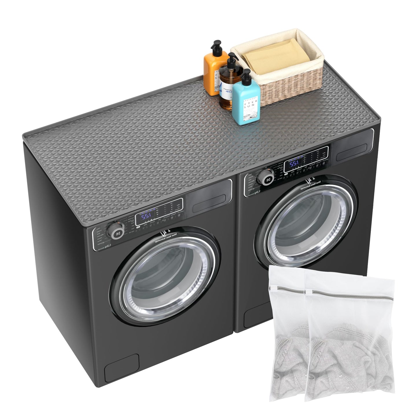 Dionikos 54" x 27.5" Silicone Washer Dryer Countertop Mat with 2 Laundry Bags – Non-Slip, Waterproof, Dustproof Cover for Laundry Room Organization & Surface Protection (Grey, Extra Large)
