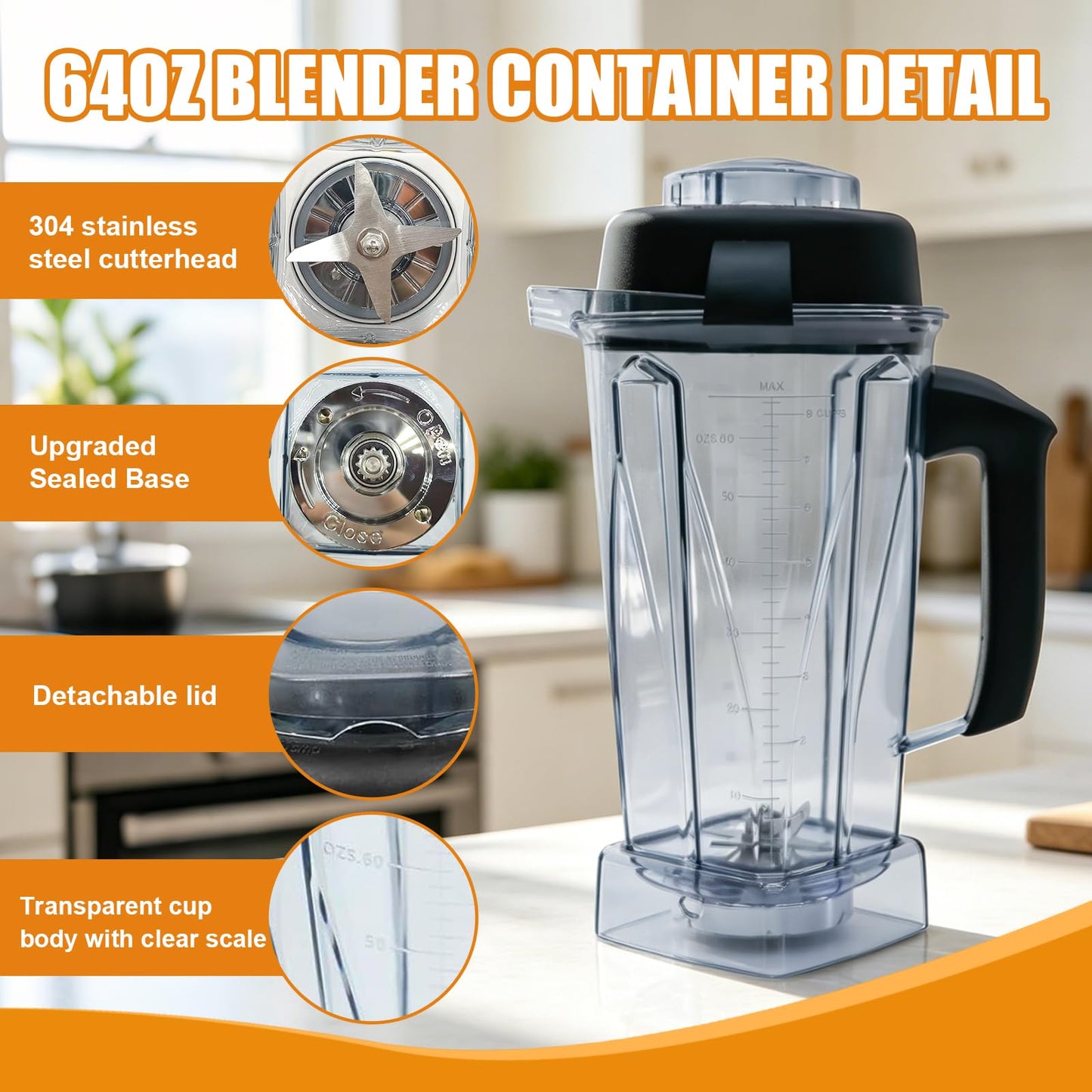 Pure Realm 64oz Replacement Container for Vitamix blender pitcher,BPA-Free Mixing Cup with Stainless Steel Blade, Compatible with 5200, 5000, 6000, 6300, E310, A2300, VM0101 etc, Dishwasher Safe