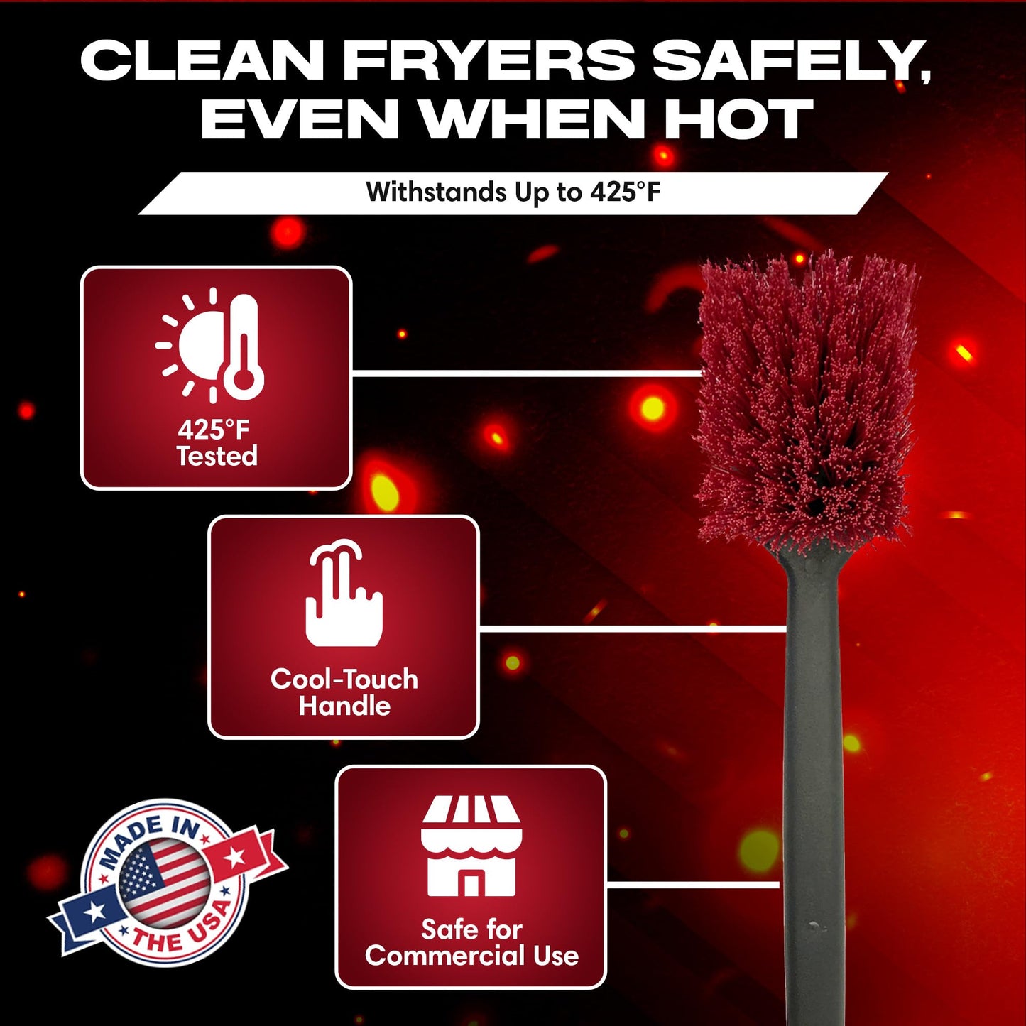 20" Deep Fryer Cleaning Brush by FryOilSaver Co., Up to 425F High Heat Resistant Pot Cleaning Brush for Kitchen Deep Fryers, Griddle, Grills, Ovens & Waffle Maker for Food Service & Restaurant - 90049