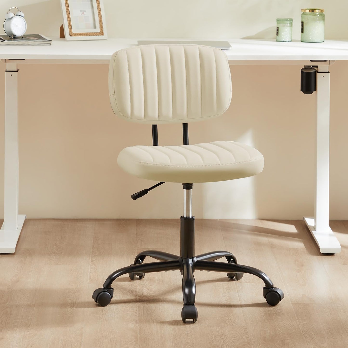 Sweetcrispy Small Office Desk Chair - Armless PU Leather with Comfy Lumbar Support, Height Adjustable Rolling Swivel Task for No Arms, for Adult, Student, Bedroom, Home, Vanity, Beige White
