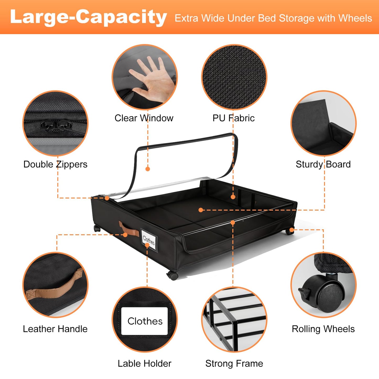 LIJIAI 80L Larger Under Bed Storage with Wheels, 2-Pack XXL Underbed Shoe Storage with Clear Lid, Easy Pull-out Rolling Under Bed Storage Containers, Underbed Storage Bins for Clothes, Shoes, Black