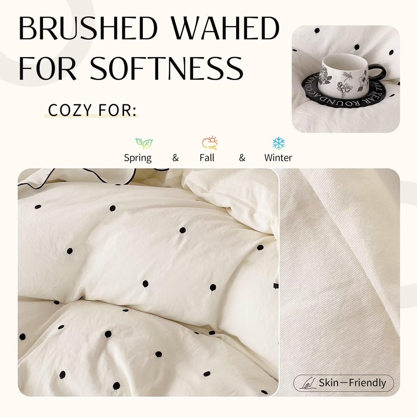 AMZTOP Duvet Cover Queen Size Polka Dot Beige 3 Pcs(1 Duvet Cover with 2 Pillowcases),Soft Washed All Seasons Comforter Covers with Ruffles,Cute Queen Bedding Set for Teen Girls 90"×90"