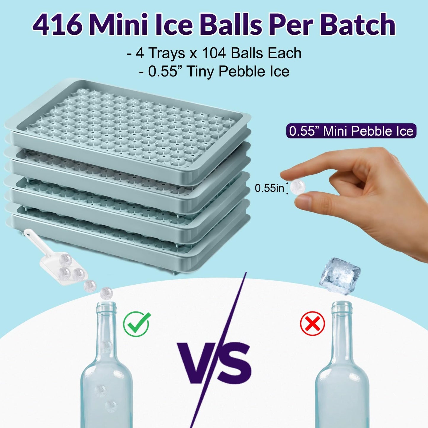 0.55in Mini Ice Cube Trays - Plastic Tiny Pebble Ice for Iced Coffee & Cocktails - Fast Chill, Easy Twist Release - Stackable with Lid, Storage Bin, Tongs, 2 Straws (4 pack, Blue)