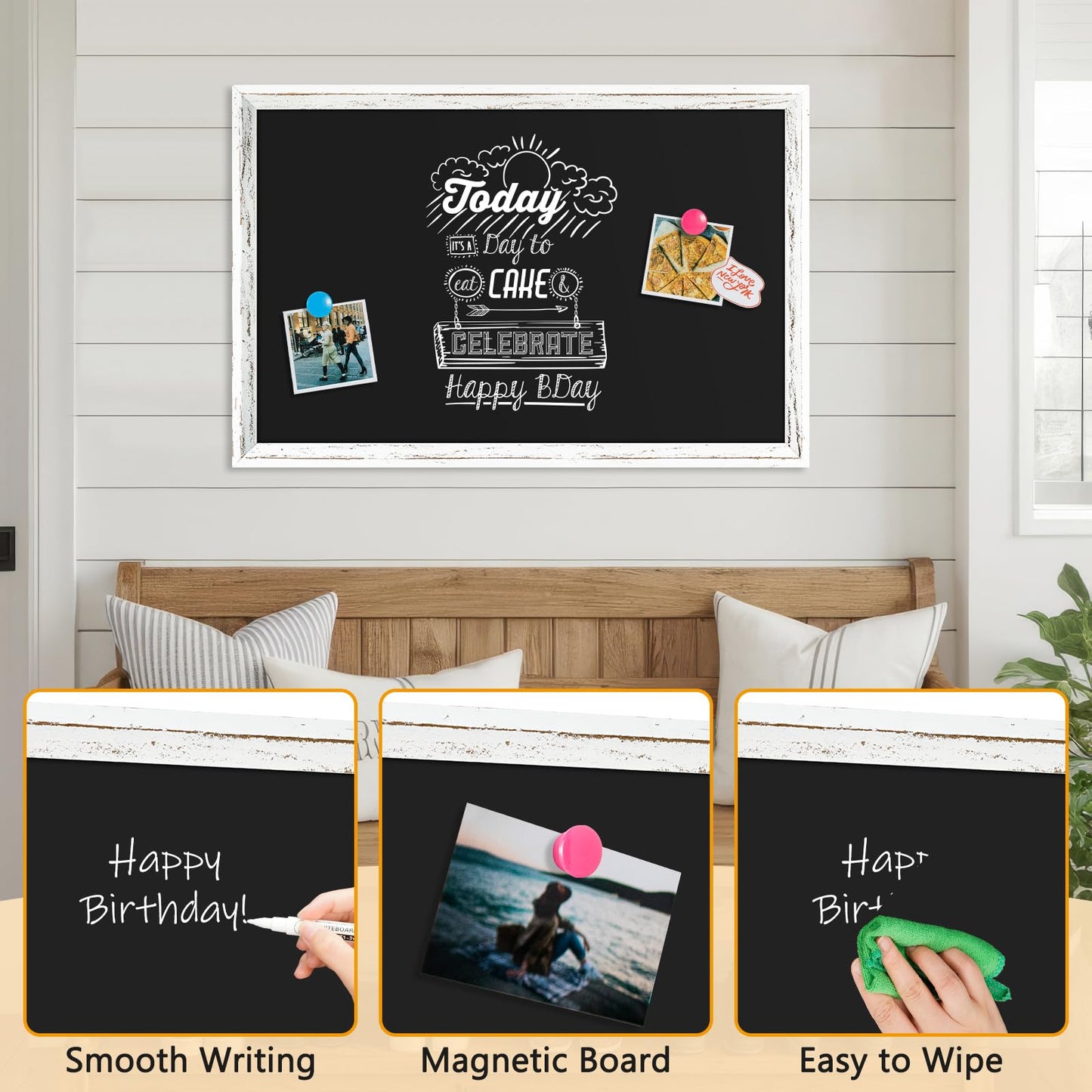 Rustic Wood Framed Chalkboard, 36" x 24" Wall-Mounted Blackboard for Kitchen, Restaurant Menu, Office & Home Décor