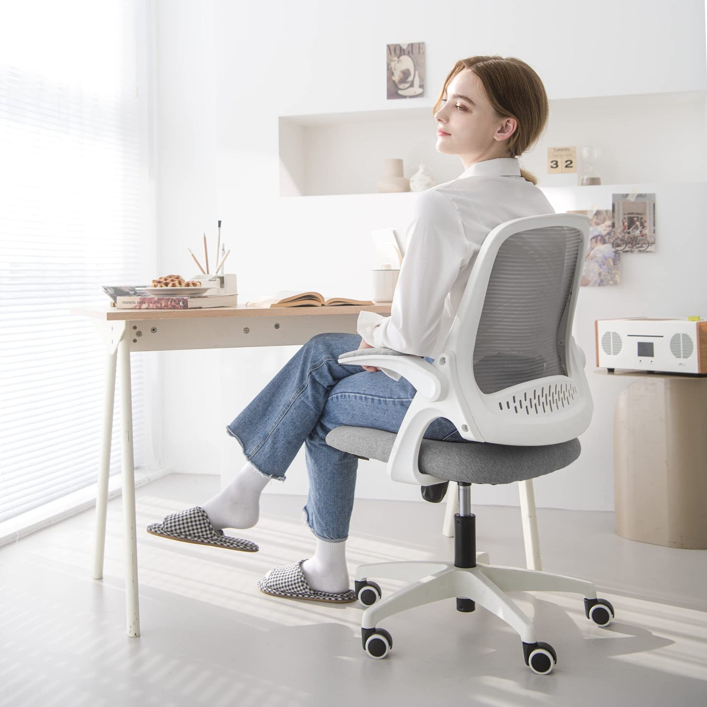 NEO CHAIR Office Desk Gaming Ergonomic Computer Chair with Lumbar Back Support Adjustable Height Swivel Rolling Wheels Flip-up Arms Mesh Chair for Home Vanity (Grey)