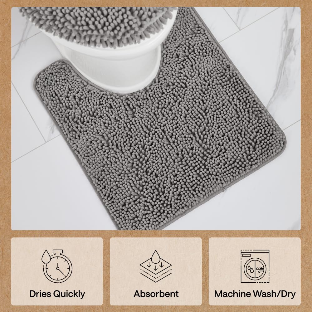 GORILLA GRIP Bathroom Rug Sets, Soft Chenille 2 Piece Area Rugs Set, Toilet Base Mat and 30x20 Carpet, Absorbent Microfiber Washable Mats Dry Quickly, Home Décor and Bath Room Accessories, Grey