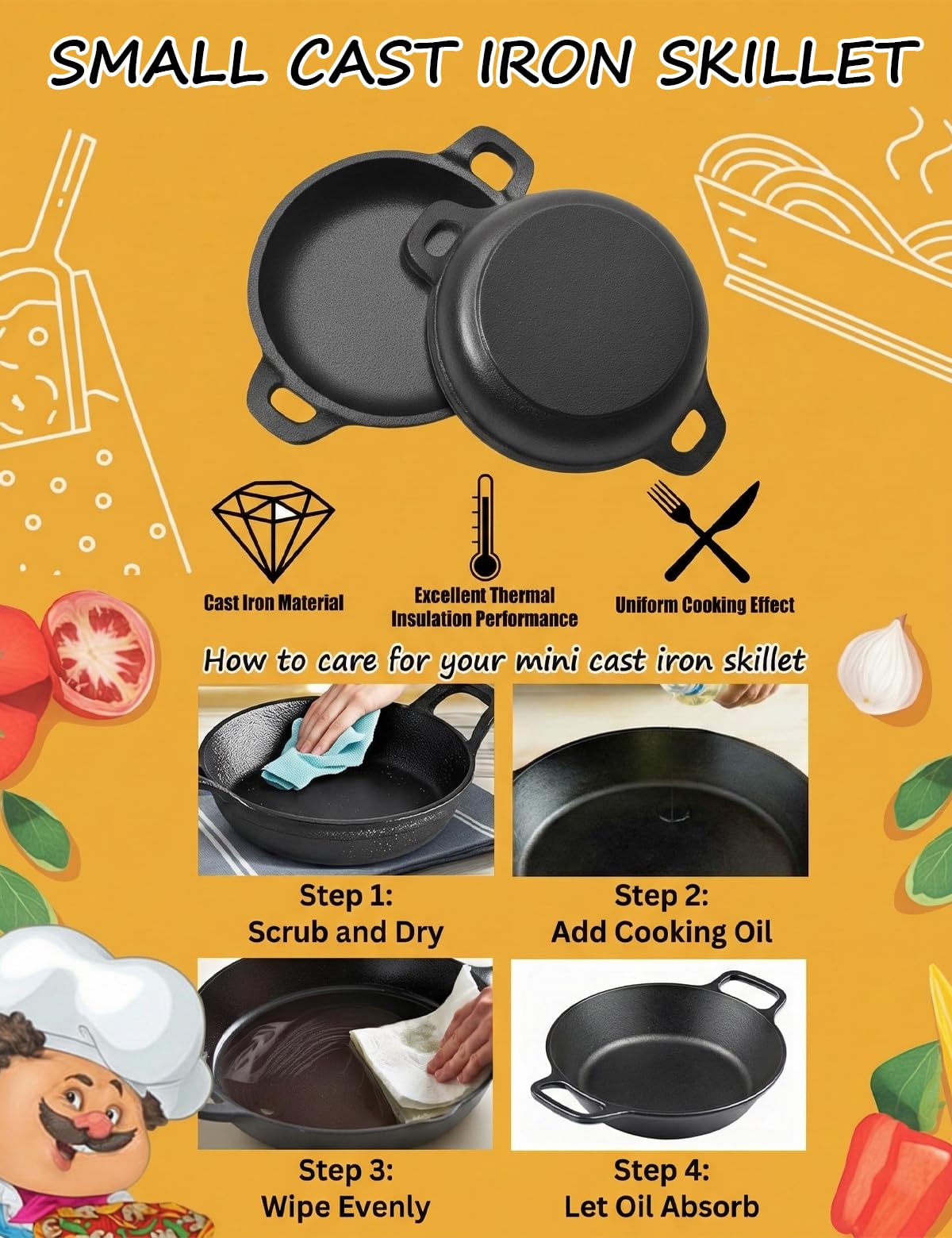 Mini Cast Iron Skillets Set of 6, 4.8 x 4.8 x 1.3 Inch Small Cast Iron Pan with Handle, Mini Ramekins Round Black Casserole Dish Cookware Small Skillets for Serving Food Frying Baking Cooking Roasting