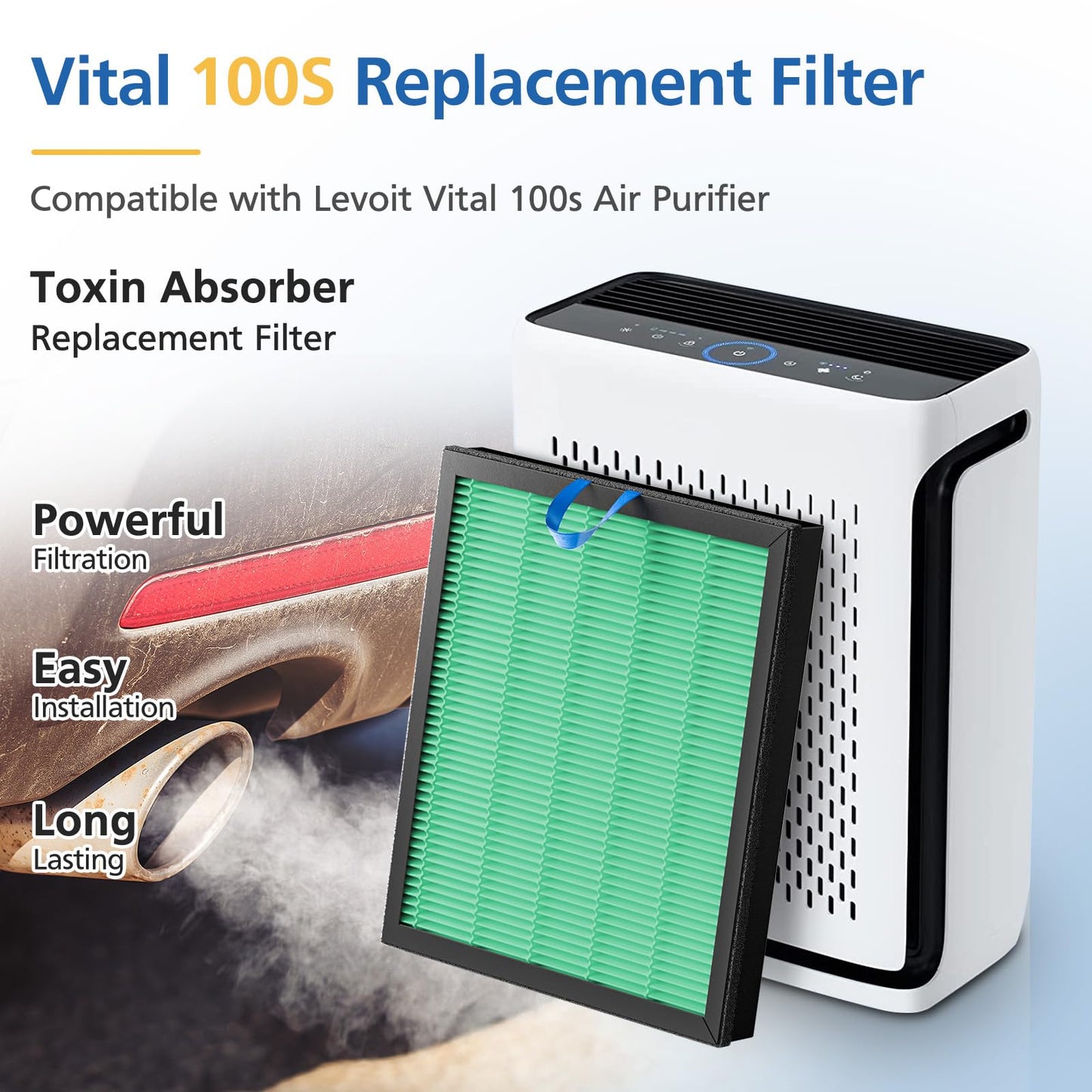 2 Pack Vital 100S Toxin Absorber Replacement Filter for LEVOIT Vital 100S Air Purifier, 3-in-1 Vital 100S Hepa Filter with Activated Carbon Filter, Replace Part #Vital 100S-RF-TX, LRF-V102-YUS, Green
