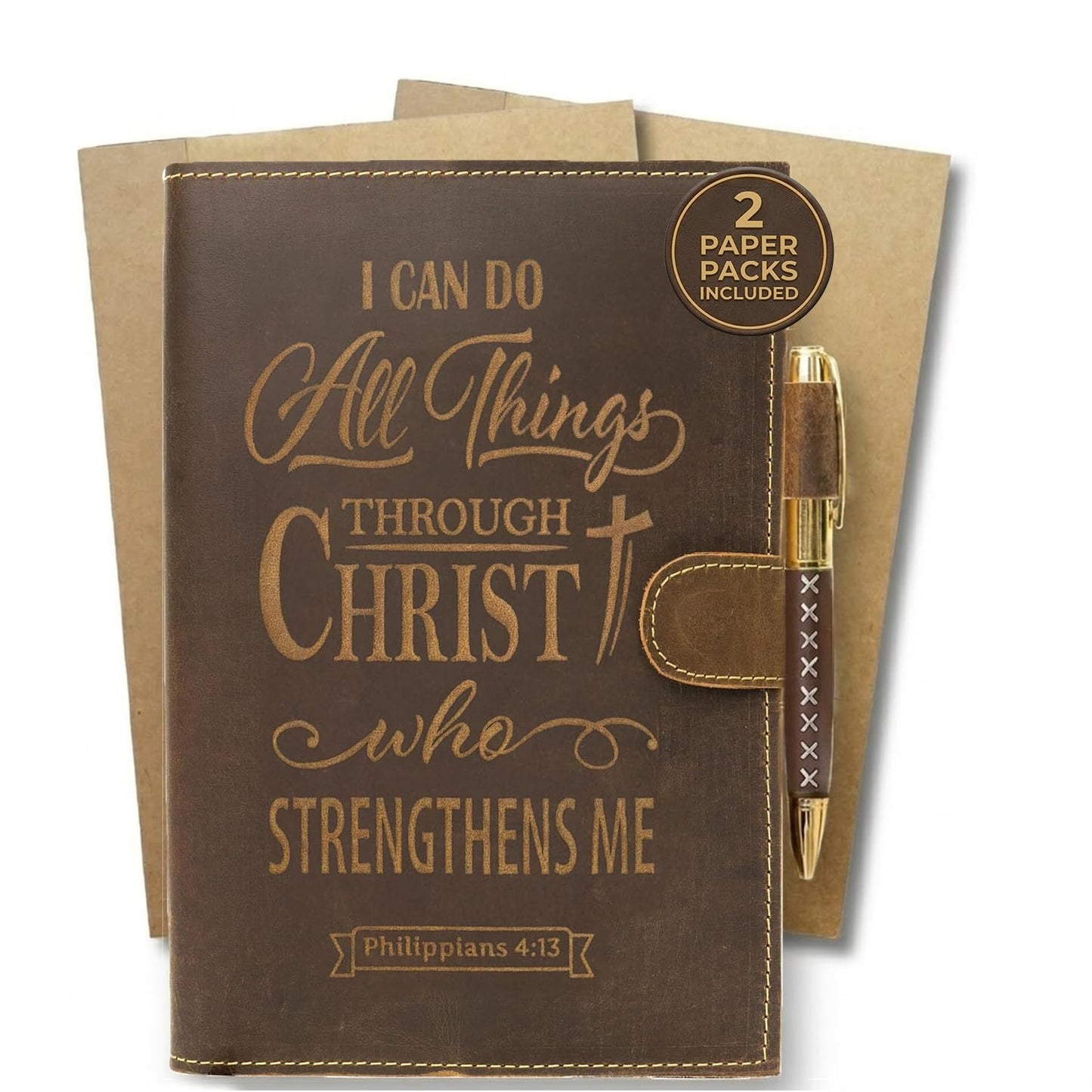 Sovereign-Gear Religious Refillable Leather Journal - Handmade A5 Writing Notebook with Pen - Philippians 4:13 “I Can Do All Things” Embossed Diary with 2 Lined Inserts & Pen Holder - 480 Pages