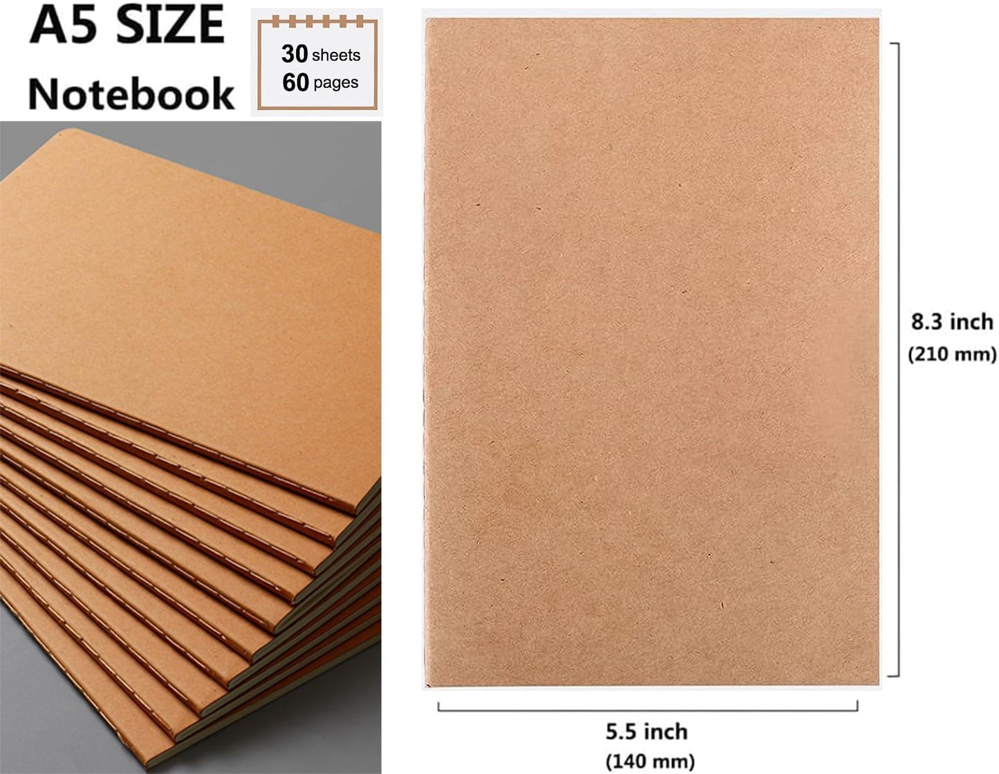 FAWTEEM 48 Pack A5 Lines Notebook Bulk Kraft Cover College Ruled, Lined Paper Travel Journals Composition Diary Subject Notebooks Planner, 60 Pages, 8.3”x 5.5”
