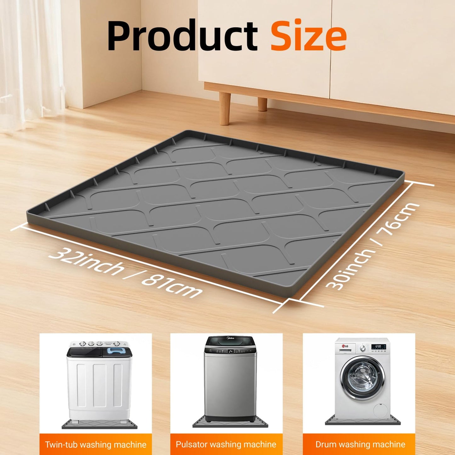 Washing Machine Drain Pan Silicone Mat, 32 x 30 Inch Washer Drip Tray, Non-Slip Waterproof Washer Tray for Floor Protection, Anti-Vibration Mat for Washer or Dryer