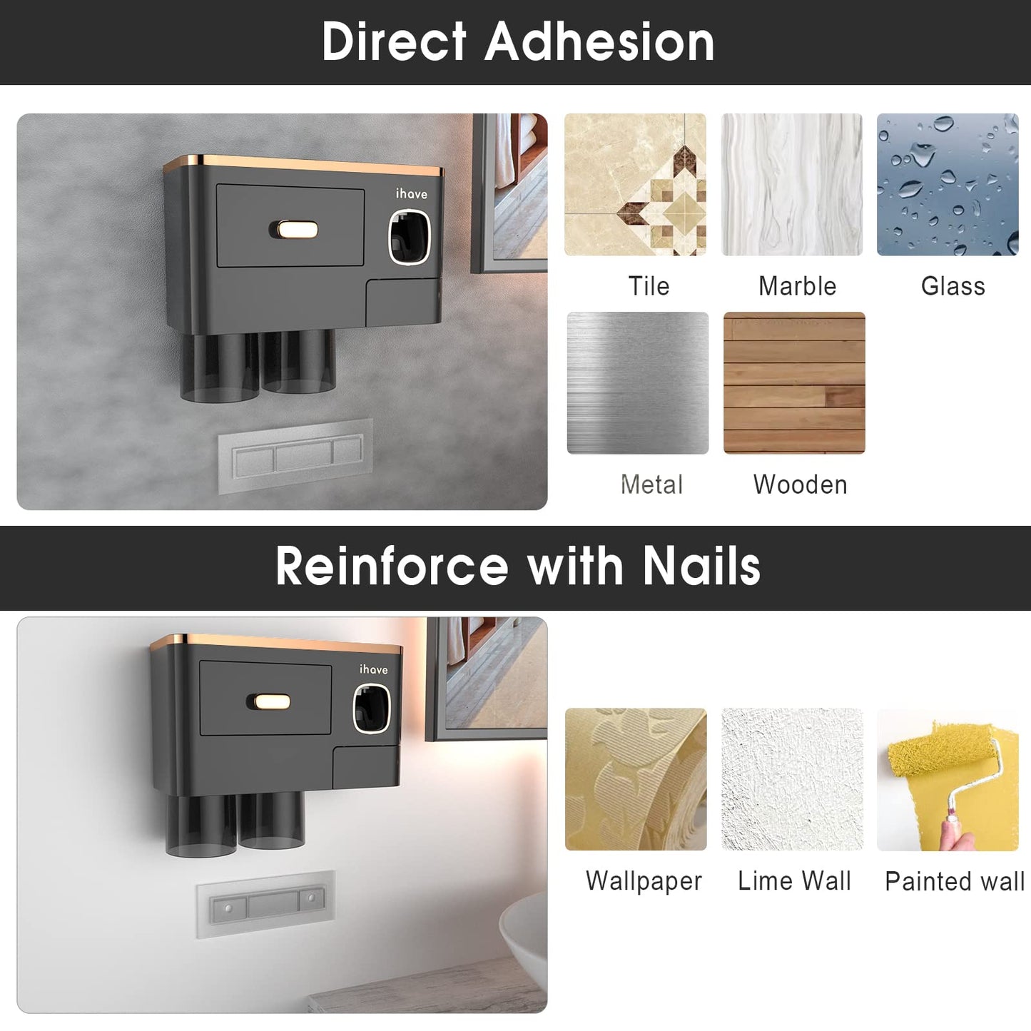 iHave Toothbrush Holders Wall Mounted with Toothpaste Dispenser & 2 Cups - Luxury Black and Gold Design for Bathroom Decor, All-in-One Bathroom Organizers & Storage for Toothbrushes and Accessories