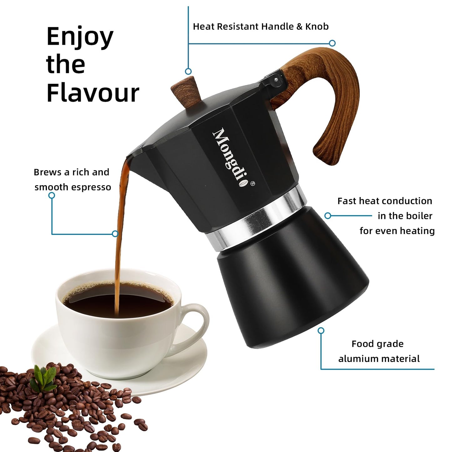 Mongdio Stovetop Espresso Maker Moka Pot, Cuban Coffee Maker Stove top coffee maker Moka Italian Espresso Greca Coffee Maker Brewer Percolator, 6 Espresso Cups, 10 oz - Black