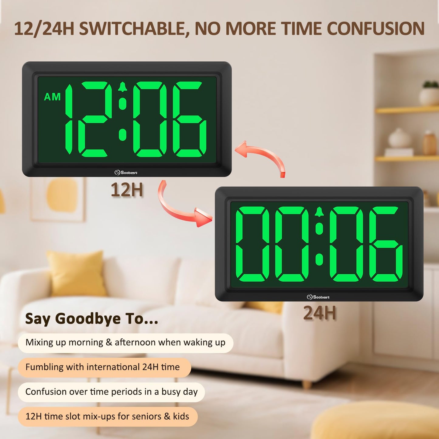 Soobest 9.5 Inch Large Digital Wall Clock Battery Operated, Auto & Manual Dimmer Display, Easy to Read Big Digits with Alarm for Seniors, Modern Decor for Living Room, Bedroom, Office (3.2" Numbers)
