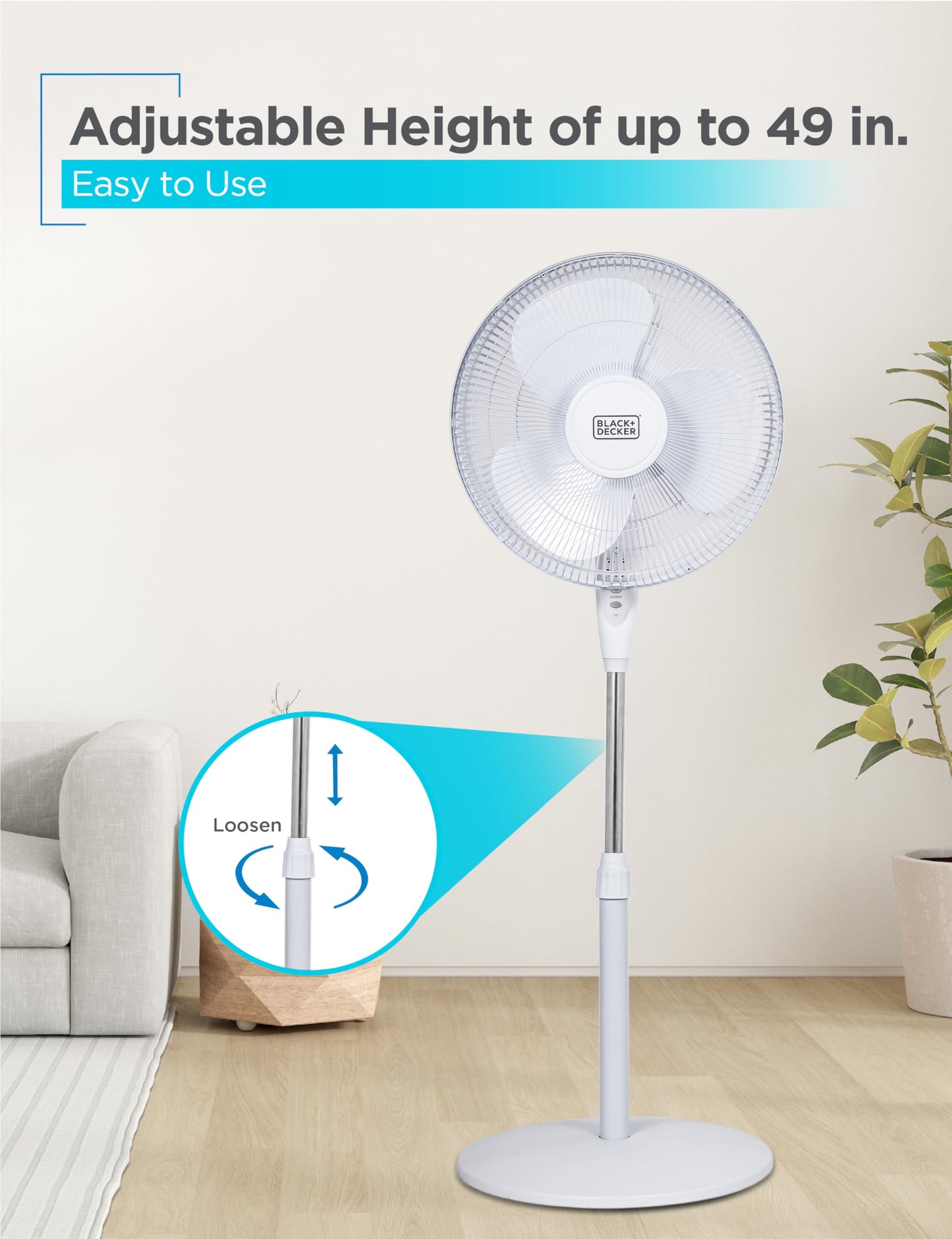 BLACK+DECKER 16" Standing Oscillating Pedestal Fan with Remote, 90-Degree Oscillation, 3 Speed Settings, Adjustable Height, Timer, 30-Degree Tilt, BFSR16W, White