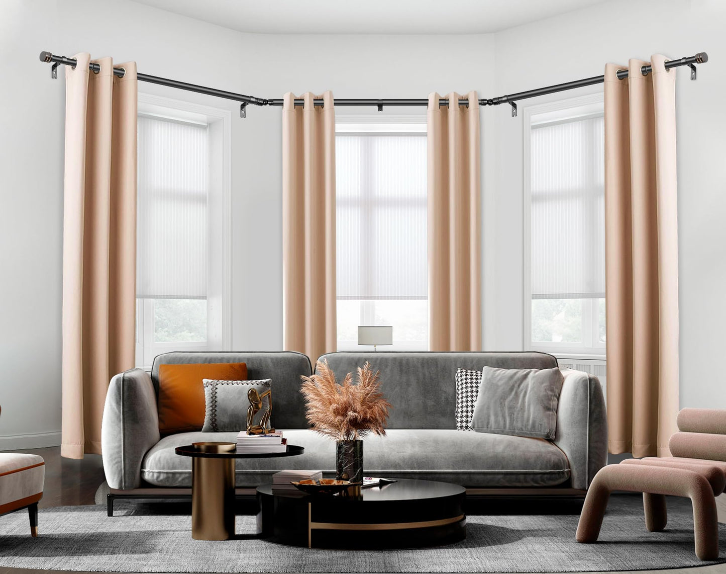 Black Bay Window Curtain Rod, HOTOZON 1 Inch Curtain Rods for Bay Windows 36-72 Inch(Center Rod), 20-36 Inch Side Rods for Windows, Heavy Duty Decorative Drapery Rod with End Cap Finials