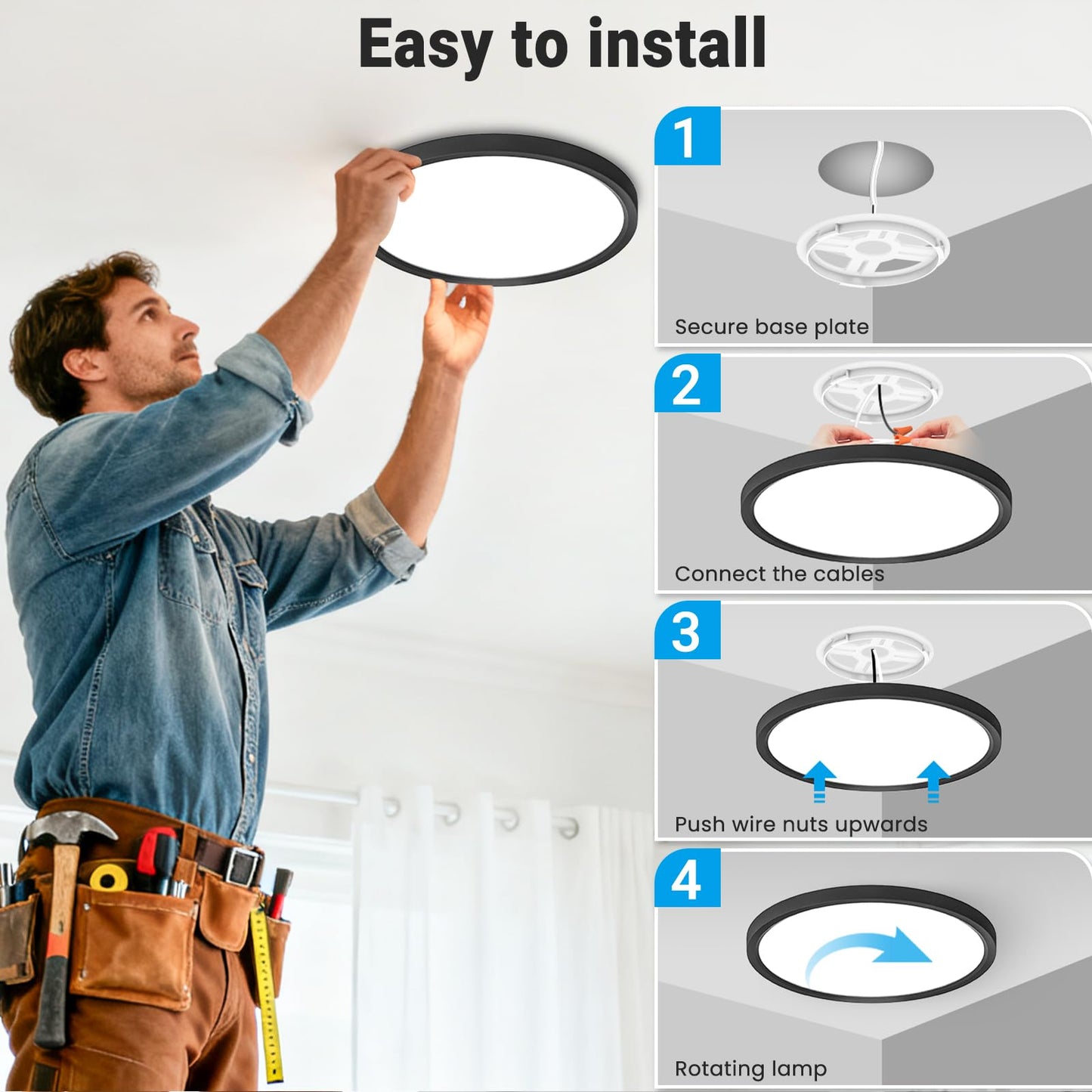 Fairdeer 4 Pack LED Flush Mount Ceiling Light,12Inch 24W,3000K/3500K/4000K/5000K/6500K 5 Color Temperatures Ceiling Light Fixture for Kitchen Porch Hallway Bedroom Bathroom and Closet,Black