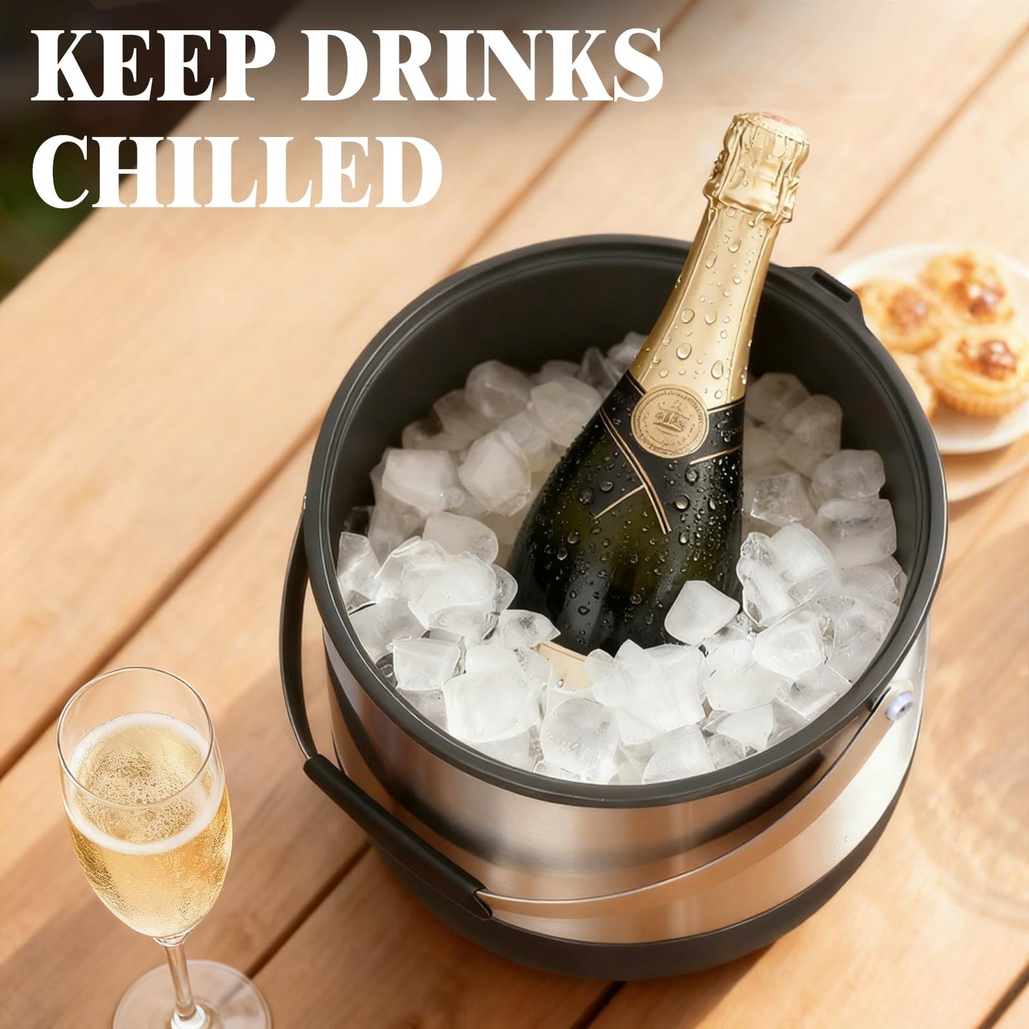 FiveHome 5QT/4.8L Insulated Ice Bucket for Parties, Large Capacity Double-Wall Beverage Bucket with Scoop & Lid for Champagne, Wine, Cocktail (Black)
