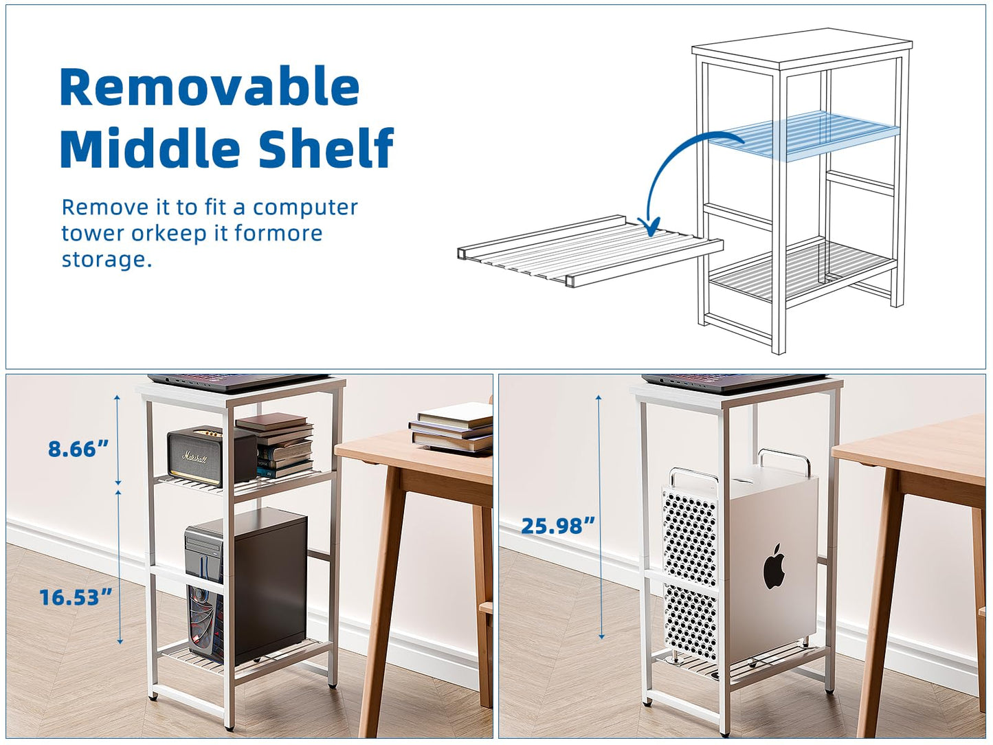 MWQ Desk Organizers and Accessories, Wood Printer Stand with 2 Metal Mesh Storage Shelf, Fits A4/Letter Size, Desk File Organizer for Home Office Fax Machine Scanner, Matte White