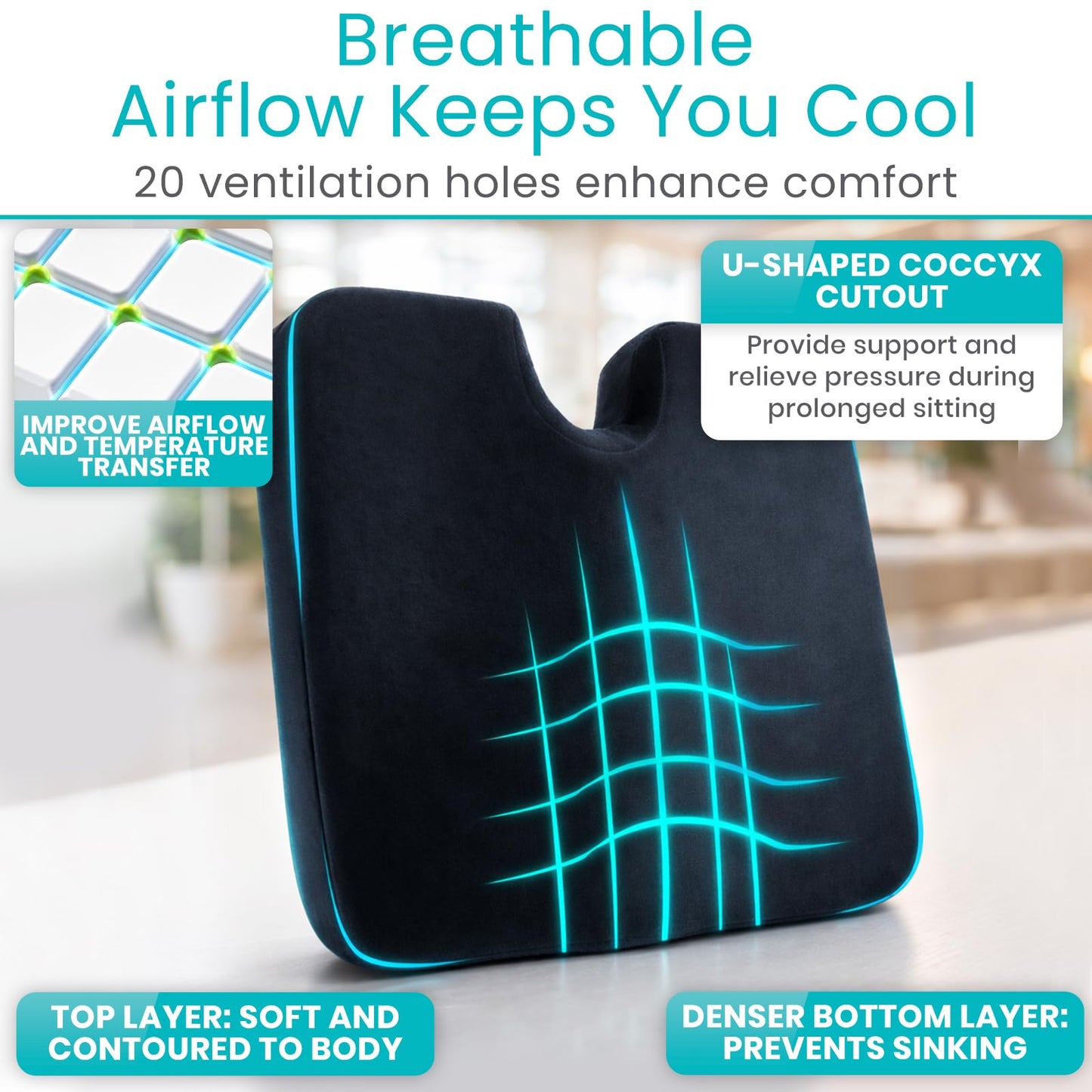 Vive Memory Foam Seat Cushion – Tailbone Pain Relief, Sciatica, Coccyx & Back Support for Office Chair, Car Seat, Wheelchair & Airplane, Water-Resistant Cover, 2-Layer Foam Comfort, Wheelchair (Black)