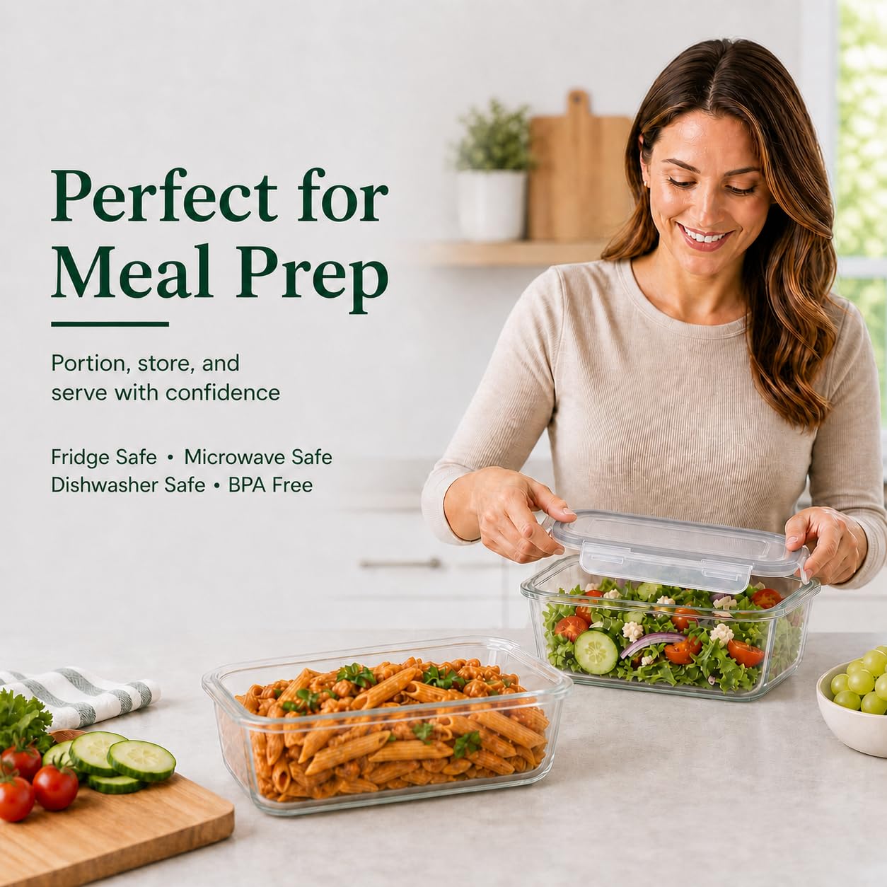 Peaktent 2 Pack 63oz Large Glass Storage Containers with Lids Big Meal Prep Food Container Set for Storing food, vegetables or fruits, BPA Free, Freezer Dishwasher Oven Safe (gray)
