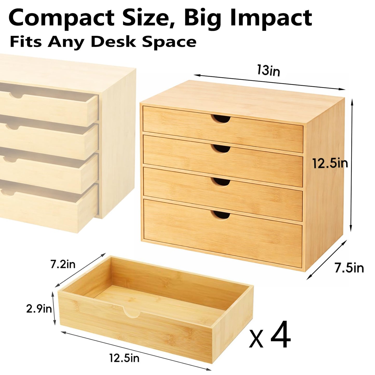 Neando Bamboo Desk Organizer with Drawers, 4-Tier Wooden Desk Organizer, Small Desktop Storage for Office Supplies, Makeup, Accessories, Space-Saving Organizer for Desk, Vanity & Home