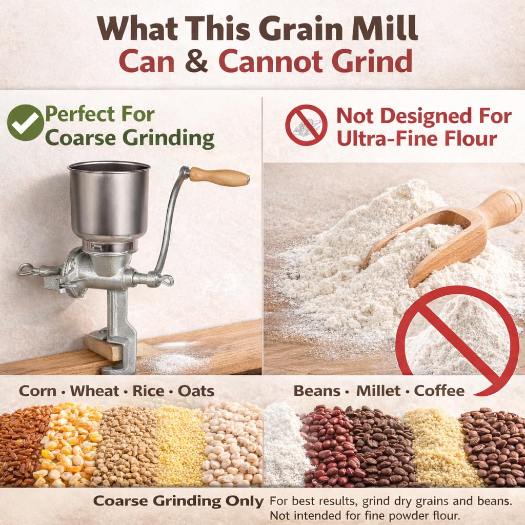 Heavy Duty Cast Iron Grain Mill - 7.5lb Hand Crank Manual Grinder with Table Clamp for Corn, Wheat, Oats & Home Brewing