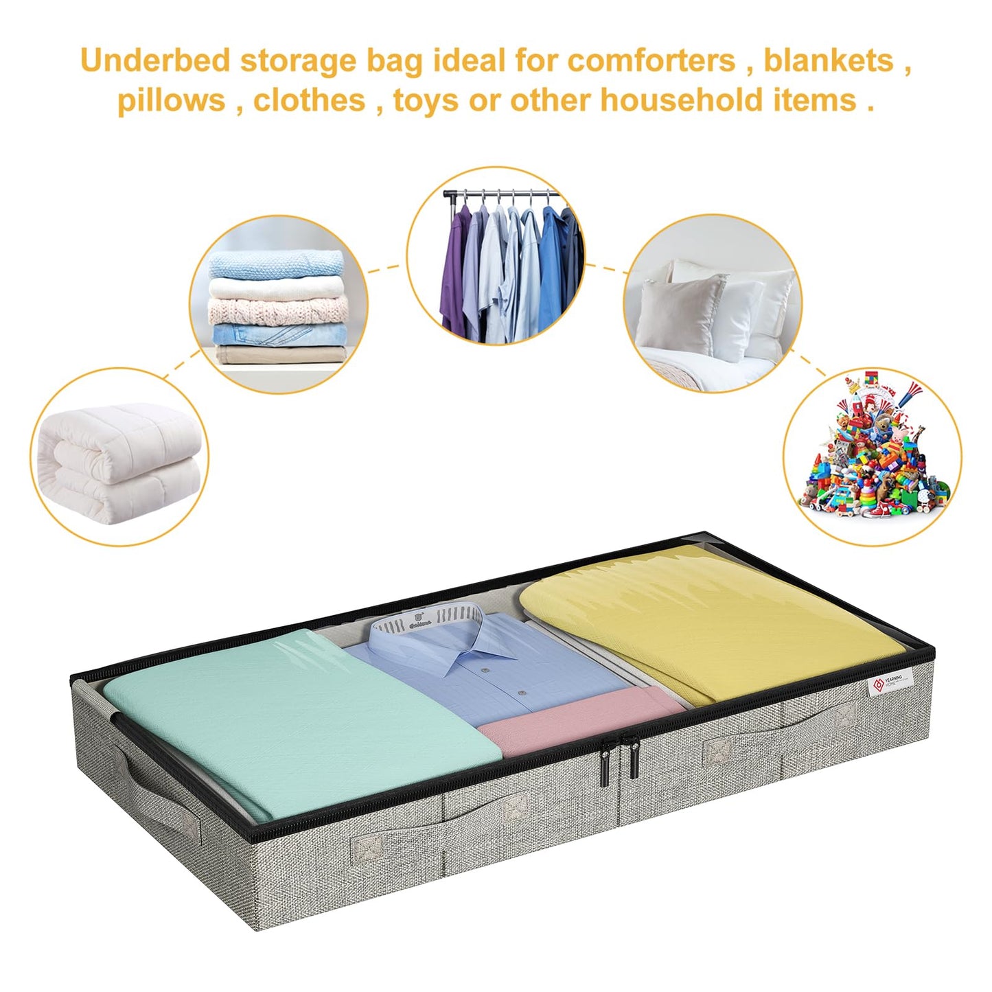 4.5 Inches Under Bed Storage Containers with Sturdy Sidewalls/Bottom and Reinforced Handles，Low Profile Underbed Storage for Clothes,Shoes,Pillows and Blankets with Zips and Clear Windows,4 Pack