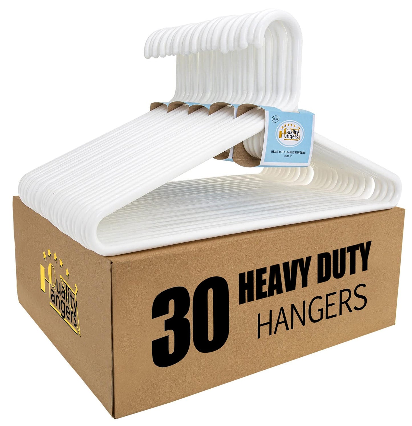 Quality White Plastic Hangers 30 Pack - Super Heavy Duty Multipack for Clothes - Thick Strong Standard Closet Clothing Hangers with Hook for Scarves and Belts-17 for Coats (White, 30)