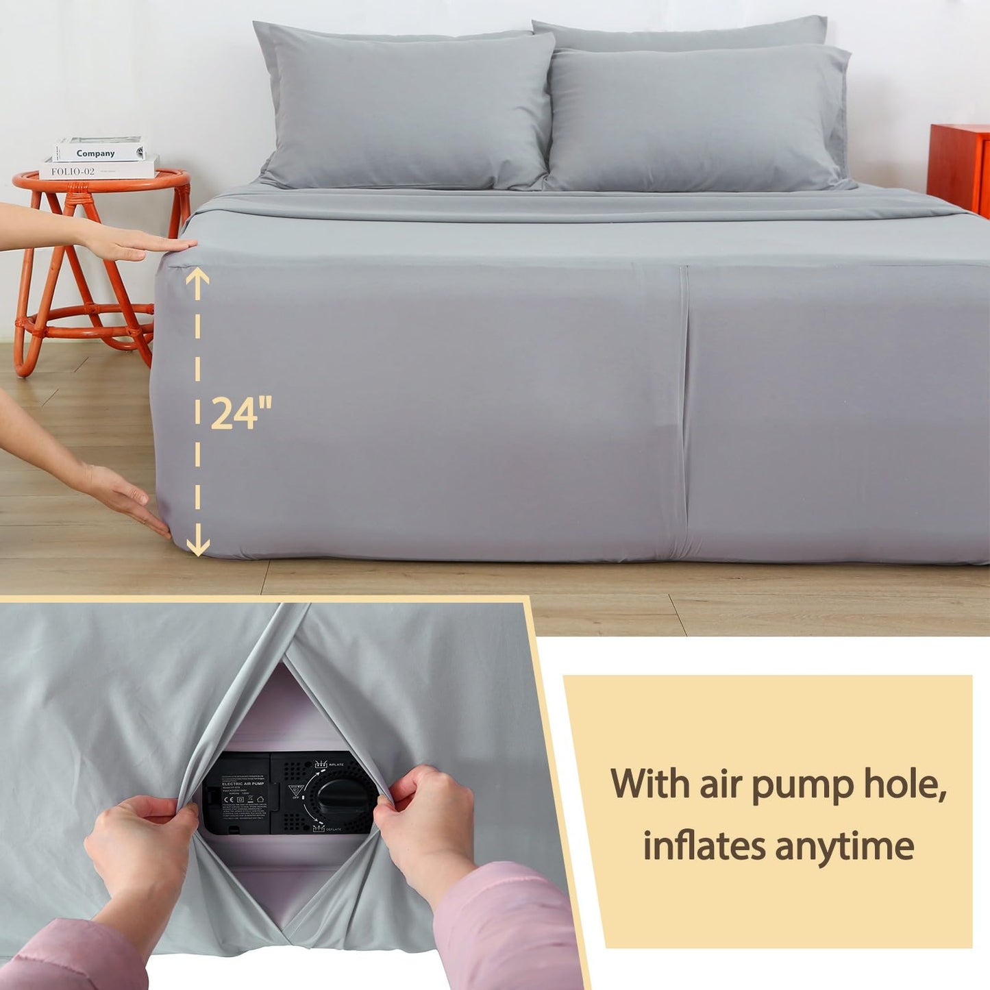 Air Mattress Sheet Set Twin Size,3 Piece Deep Pocket Bed Sheet Set for 16-24 Inch Air Bed,Easy Inflate Access,Perfect for Guest Room, RV, Camping,Gray