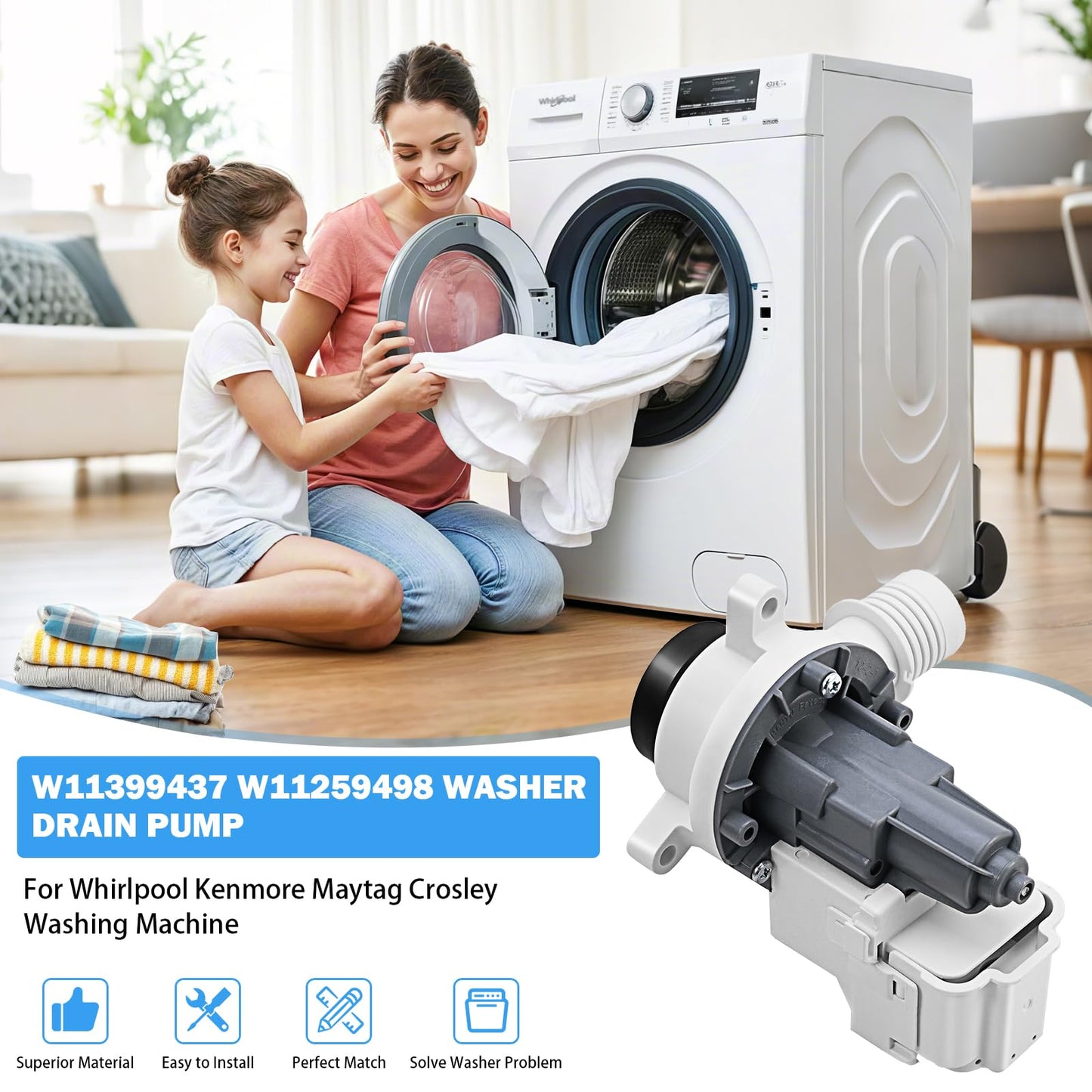 W11399437 W11259498 Washer Drain Pump Assembly Compatible with Whirlpool Maytag Kenmore Crosley Washing Machines, Replaces 4961028 AP6974144 PS12731241 EAP12731241 B25-3A04