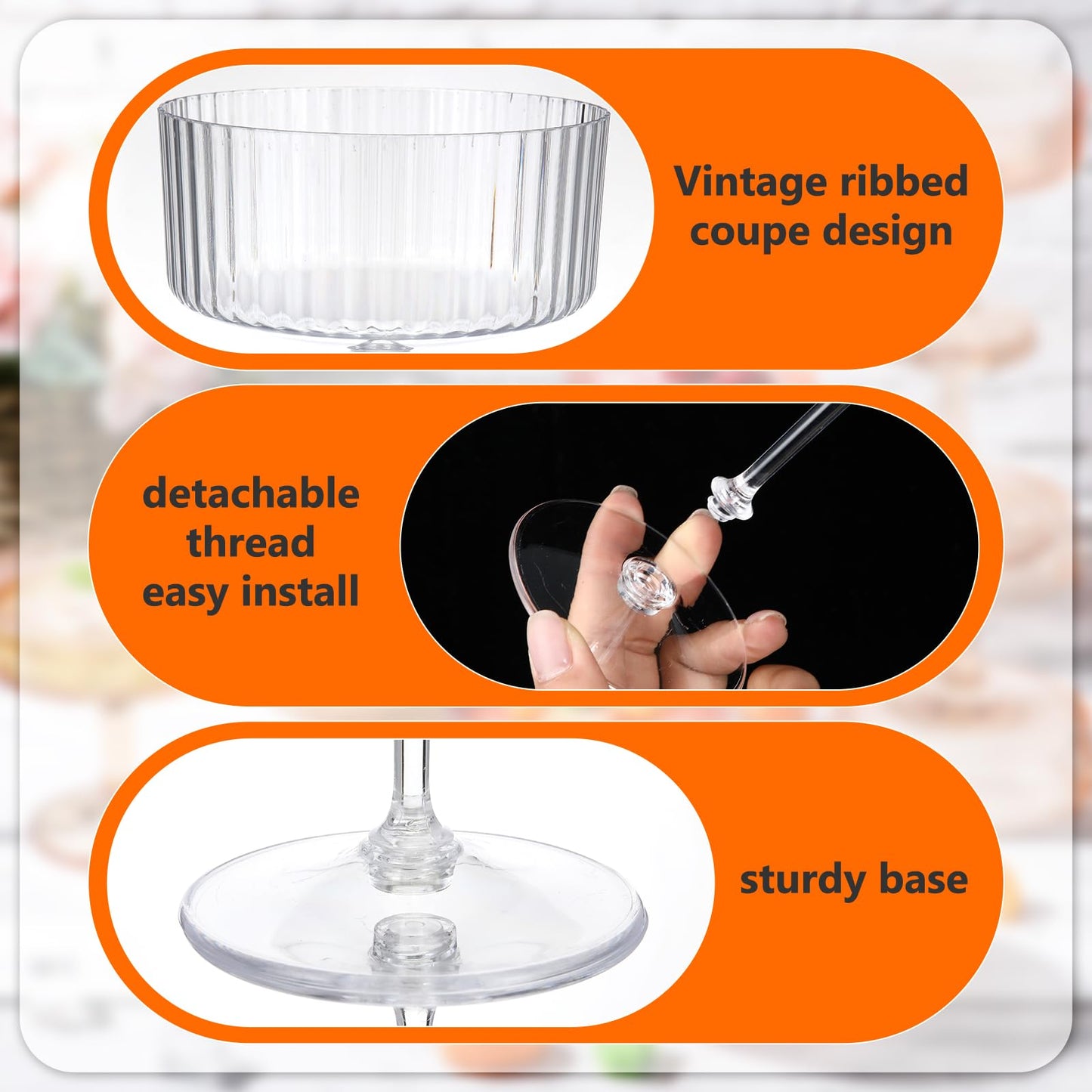 Jingmore 12 Pcs Ribbed Martini Glasses 10 oz Disposable Plastic Vintage Ribbed Coupe Glasses Unbreakable Dessert Parfait Glassware for Wedding Birthday Party Supplies (Clear)