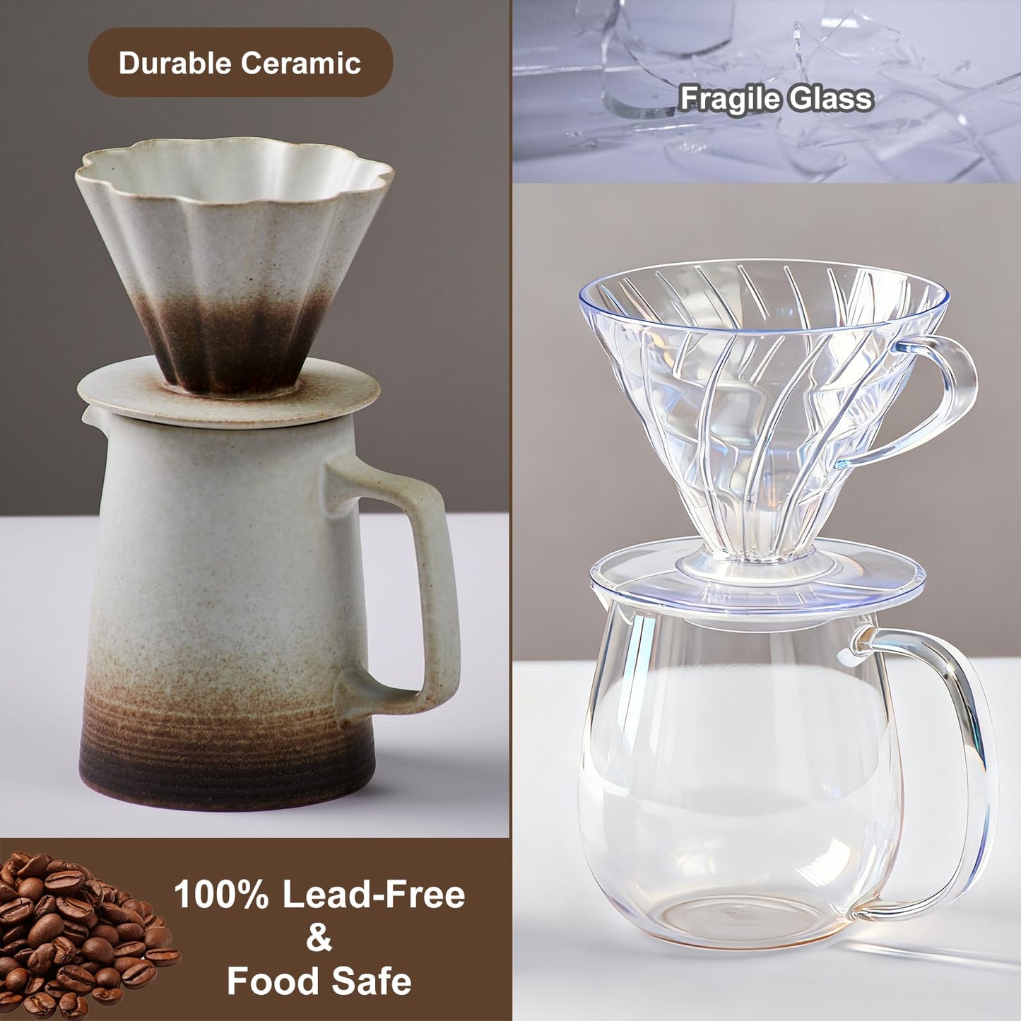 LEIJOCO Pour Over Coffee Maker, Ceramic Coffee Dripper with 40pcs V02 Paper Filter & Coaster, 18.2oz/540ml Flower Shape Pour Over Coffee Filter set (Brown Gradient Set)
