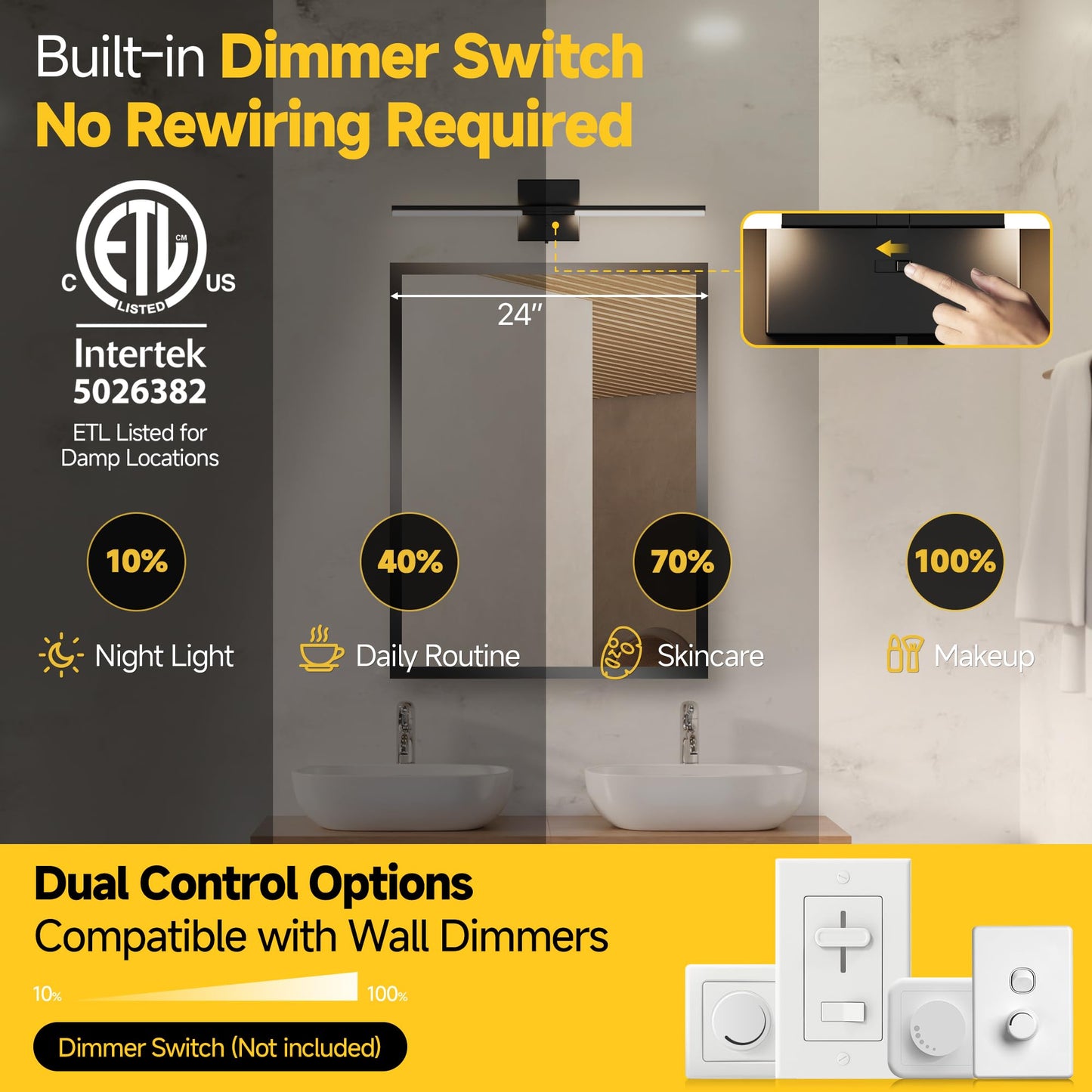 Veriligt Vanity Lights 24 inch, 4-Level Brightness Built-in Dimmer, 14W Dimmable 5CCT Bathroom Light Fixtures Over Mirror, Black Vanity Lights for Bathroom Mirror Cabinets Bedroom-FCC & ETL Certified