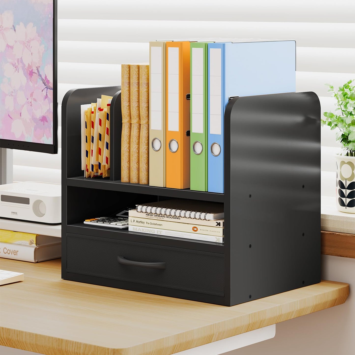 NiOffice Desk File Organizer for Home, Office, School, Wooden Frame Desktop Storage Solution for Office Supplies, Documents, Papers, Folders and Stationery, Space-Saving and Stylish Document Sorter