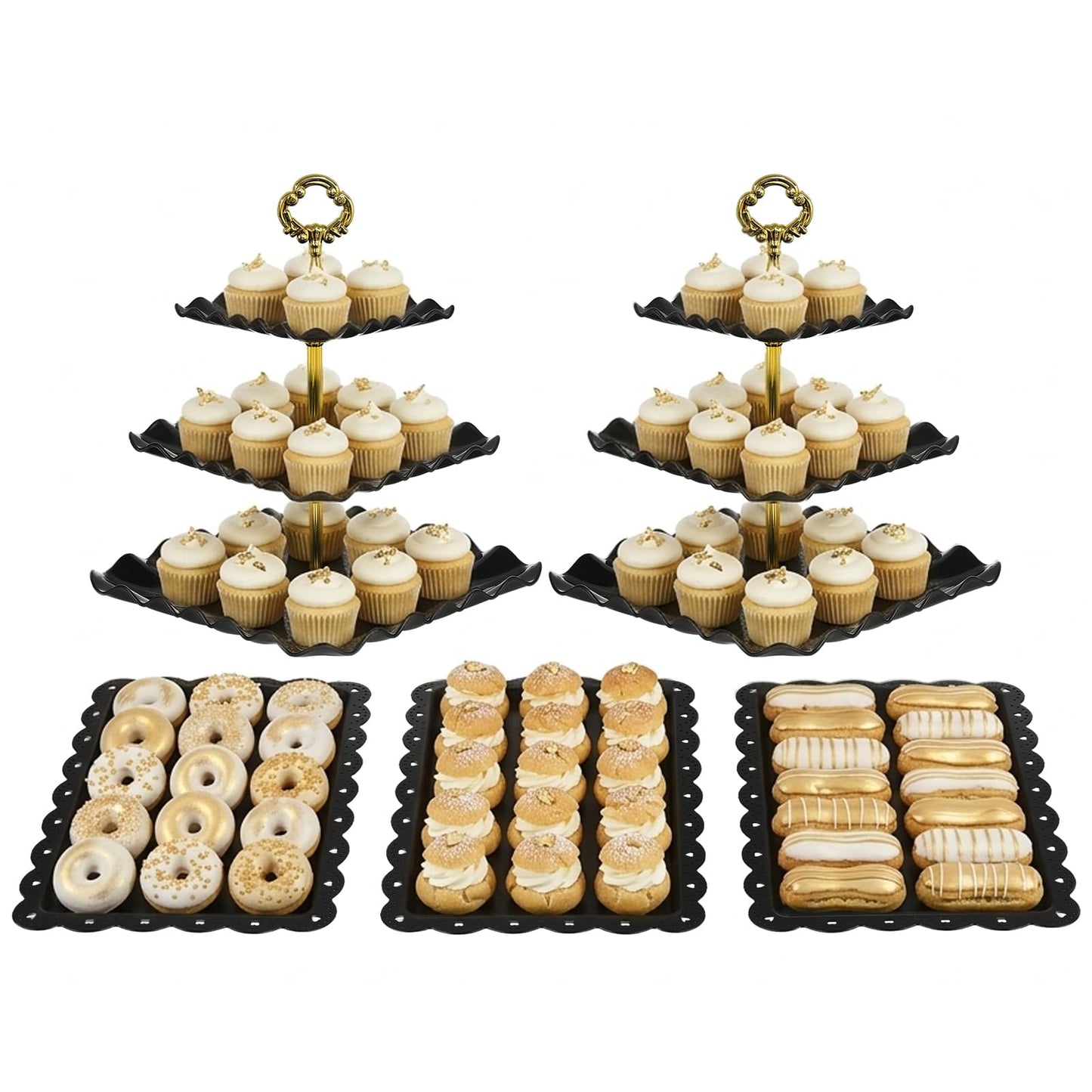 NWK 5 Piece Cake Stand Set with 2 x Large 3-Tier Cupcake Stands, 3 x Appetizer Trays, for Wedding Birthday Baby Shower Tea Party Decorations (Black)
