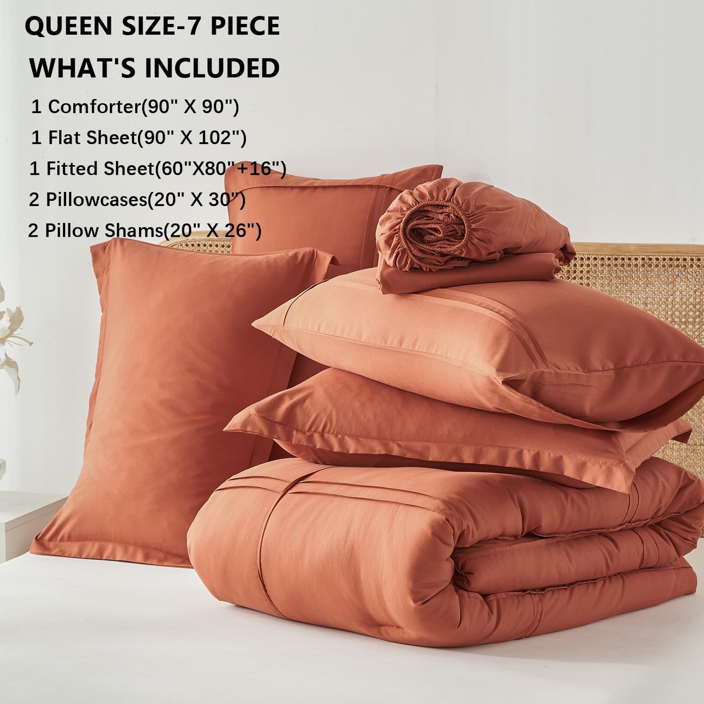 Yogeneg Queen Comforter Set 7 Piece Bed in a Bag,Grid Pinch Pleat Terracotta Bedding Set,Striped Textured Soft Microfiber Comforter with Sheet Set,All Season Complete Bed Set(Terracotta,Queen)