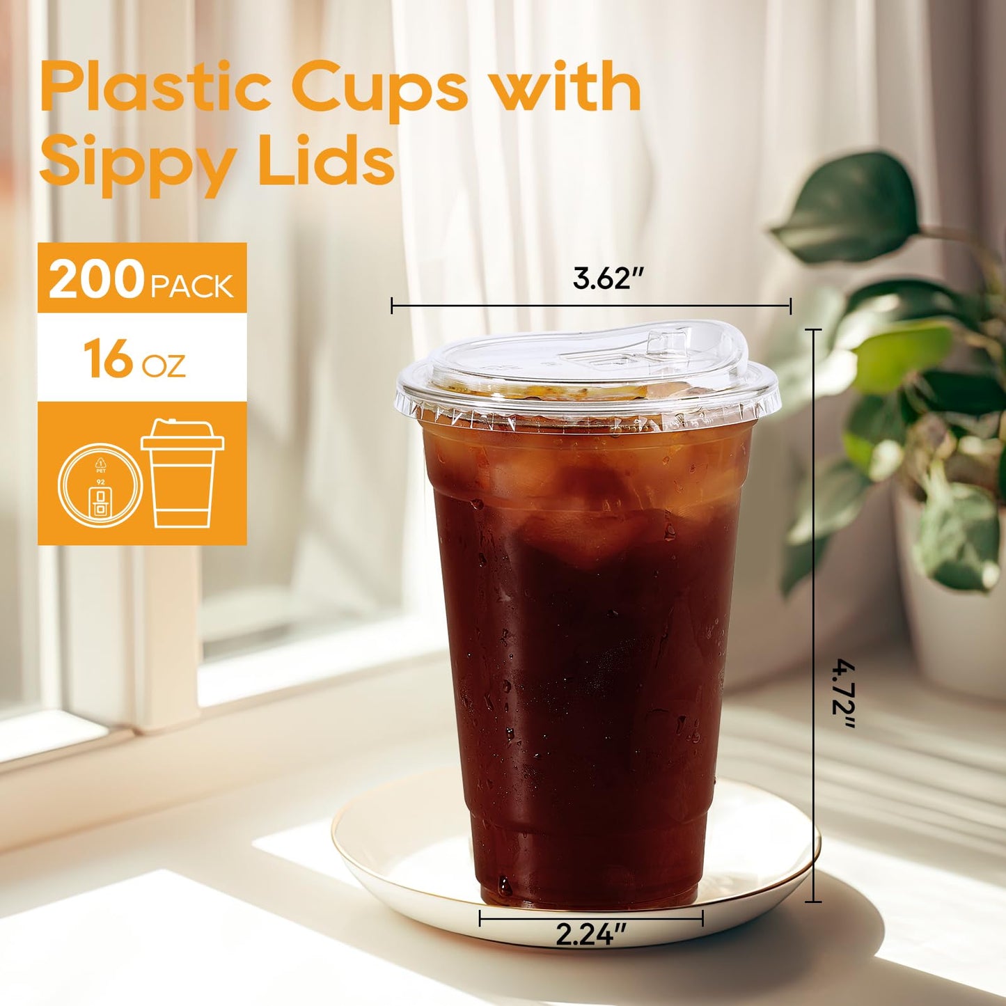 Turbo Bee 16 OZ 200 Sets Clear Plastic Cups with Strawless Sip Lids, To Go Crystal Clear Disposable Plastic Cups with Lids for Iced Coffee, Smoothies, Soda, Lemonade, Cold Beverage