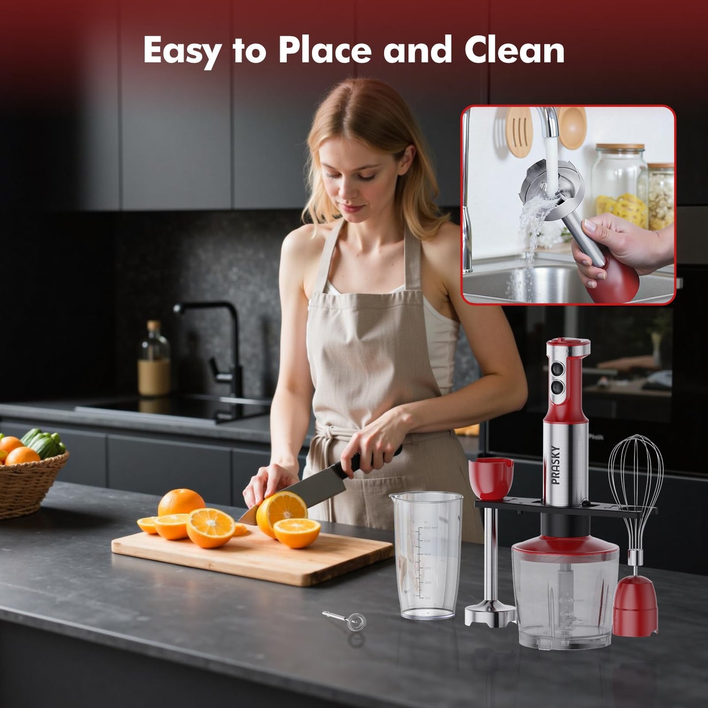 Immersion Blender Handheld 1200W, 5-in-1 Hand Blenders, 20 Speeds Hand Mixer, Stainless Steel Blades, Milk Frother Wand, Whisk, Beaker, Suitable for Kitchen, Protein Shakes and Baby Food (Red)
