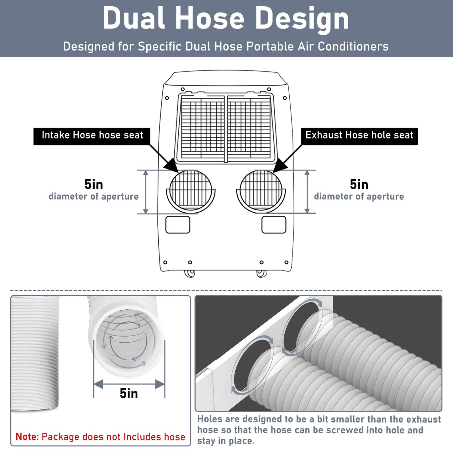 Flamorrow Dual Hose Portable Air Conditioner Window Kit, Adjustable Window Seal Plates for 5" Diameter Exhaust Hose, Sliding AC Window Vent Kit with Foam Seal Strip, White