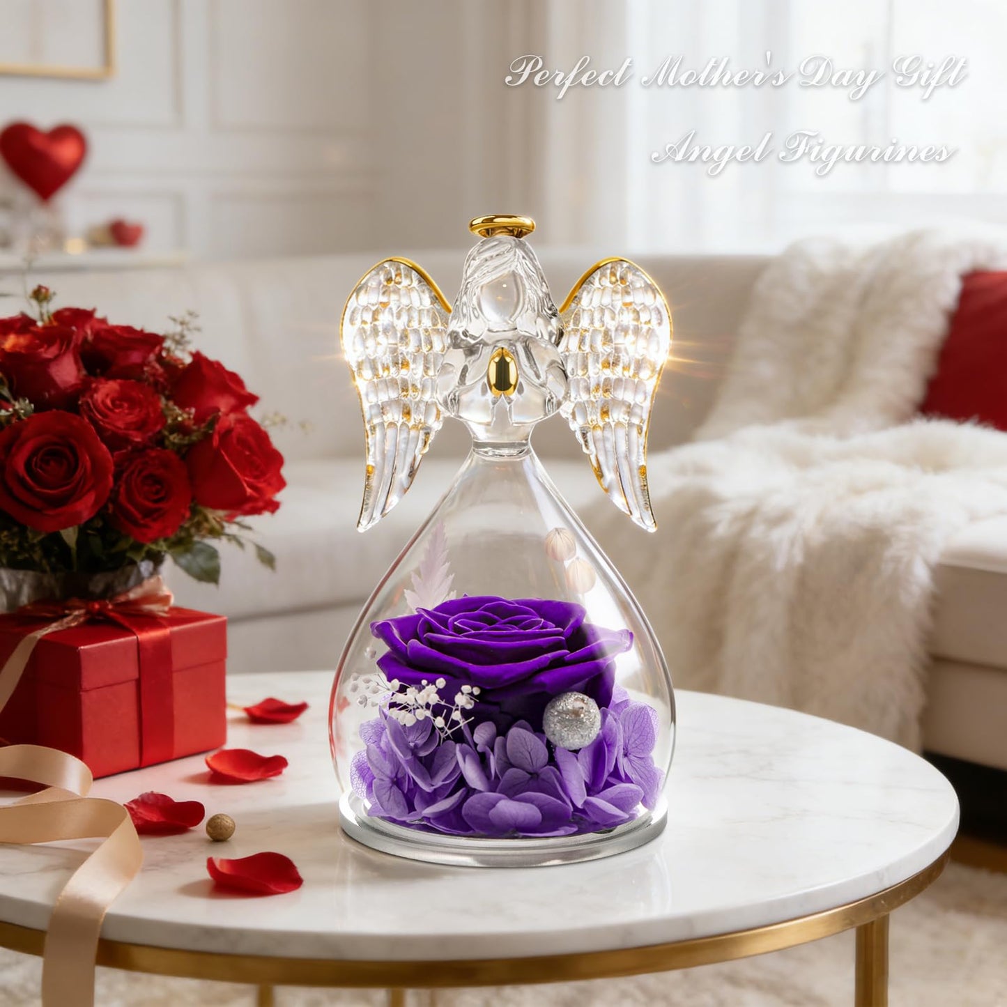Sunia Gifts for Mom Birthday Gifts for Women, Preserved Real Roses in Glass Angel Figurine, Eternal Forever Flowers for Delivery Prime, Fresh Flower Presents for Mothers Grandma Wife Daughter Sister