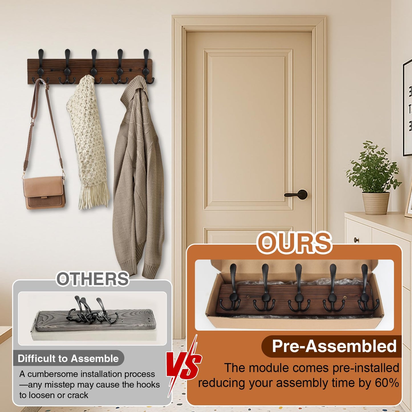 Wooden Coat Rack Wall Mount Heavy Duty, 2 Pack Coat Hanger Wall Mount with 5 Triple Hooks for Clothes, Jacket, Hat, Keys, Space Saving Entryway Organizer for Mudroom (‎Brown Plate & Black Hooks)