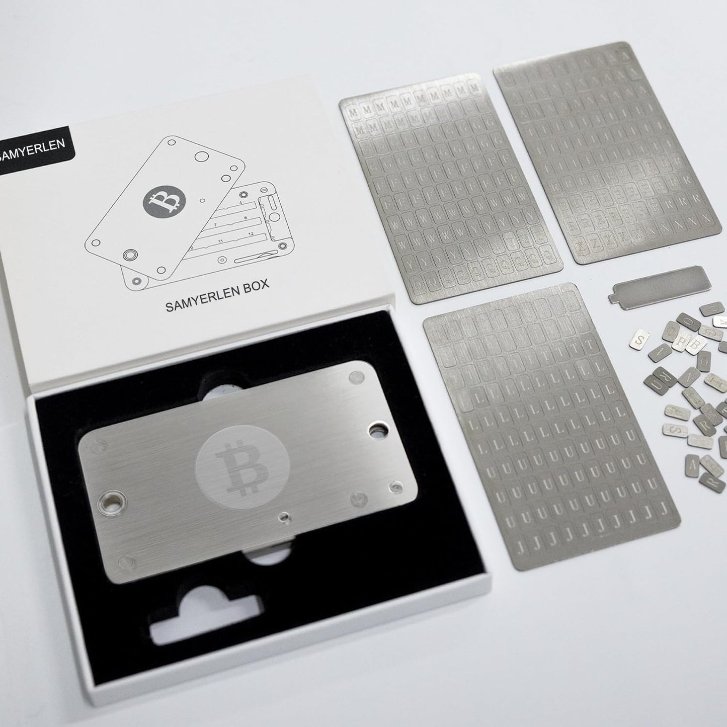 SAMYERLEN Crypto Seed Phrase Storage, 304 Stainless Steel Secure Bitcoin Wallet, Private Key Recovery Cold Storage Backup 3 Plates 24 Words Compatible with BIP39 Hardware Wallets, Ledger, Trezor