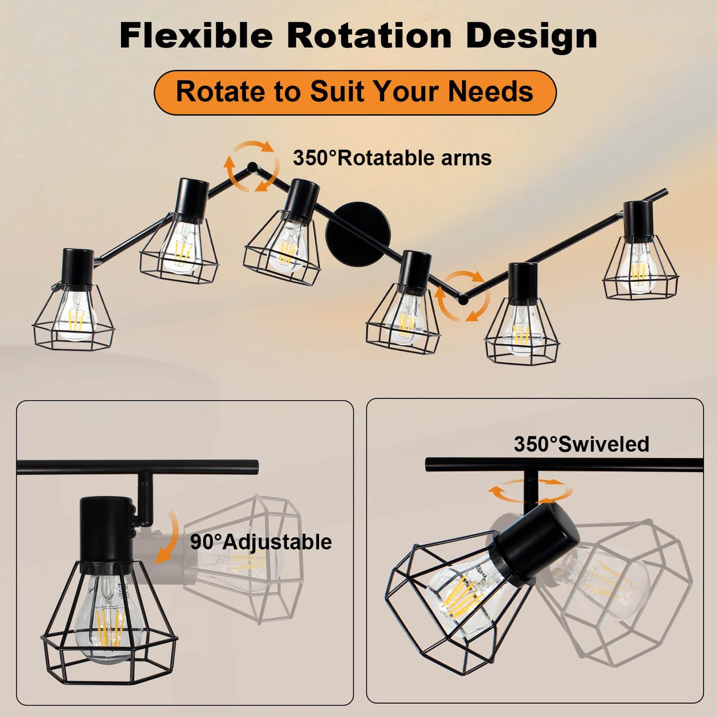 HiBay 6-Light Track Lighting, Directional Rotatable Ceiling Light Fixture, Black Farmhouse Track Spotlight for Kitchen, Bedroom, Living Room, E26 Base (Bulbs Not Included)