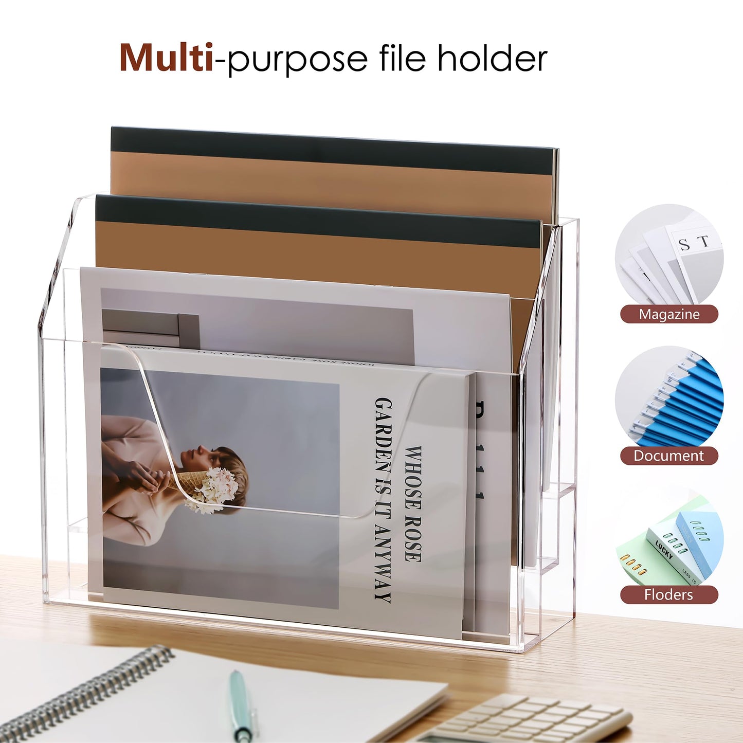 Tfirhuoe Wall Hanging File Folder Organizer for Desk, 3-Tier Acrylic Magazine Rack Wall Mount File Holder, Clear Paper Document Office Organizer - 1 Pack