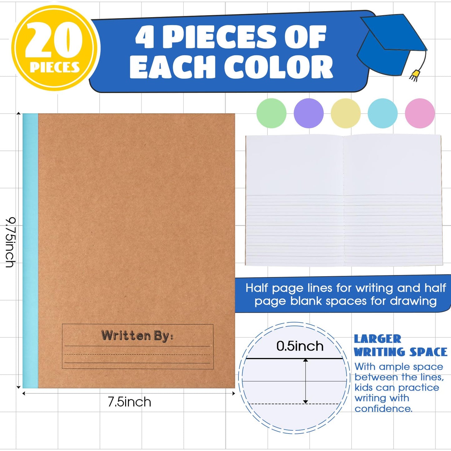 Henoyso 20 Pack Primary Composition Notebook, 9-3/4" x 7-1/2", Kids Primary Journal, K-2 Writing Notebook for Kids Student Draw Write Story Journal Half Blank Books(Macaron Color)