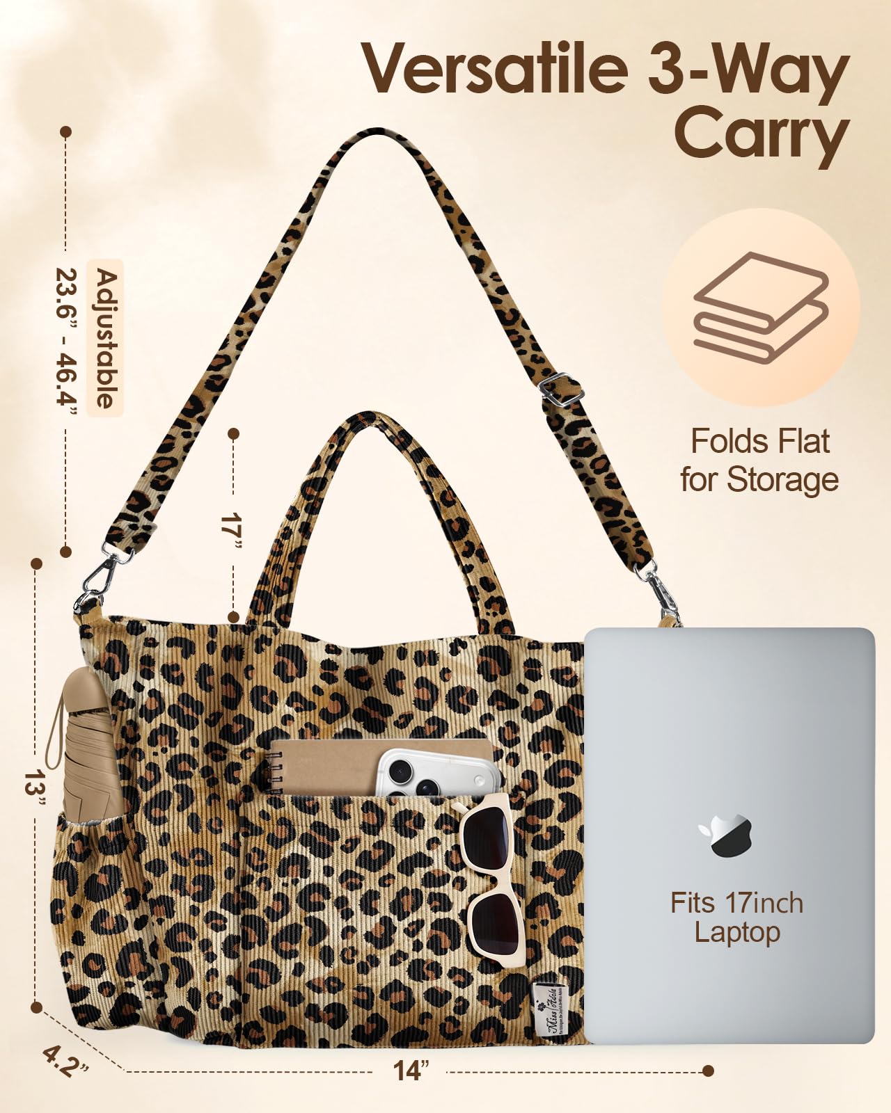 Miss Adola Crossbody Corduroy Tote Bag for Women, Large Tote Bag with Multi-Pockets and Zipper, Cute Essentials for Travel, Work -Classic Leopard