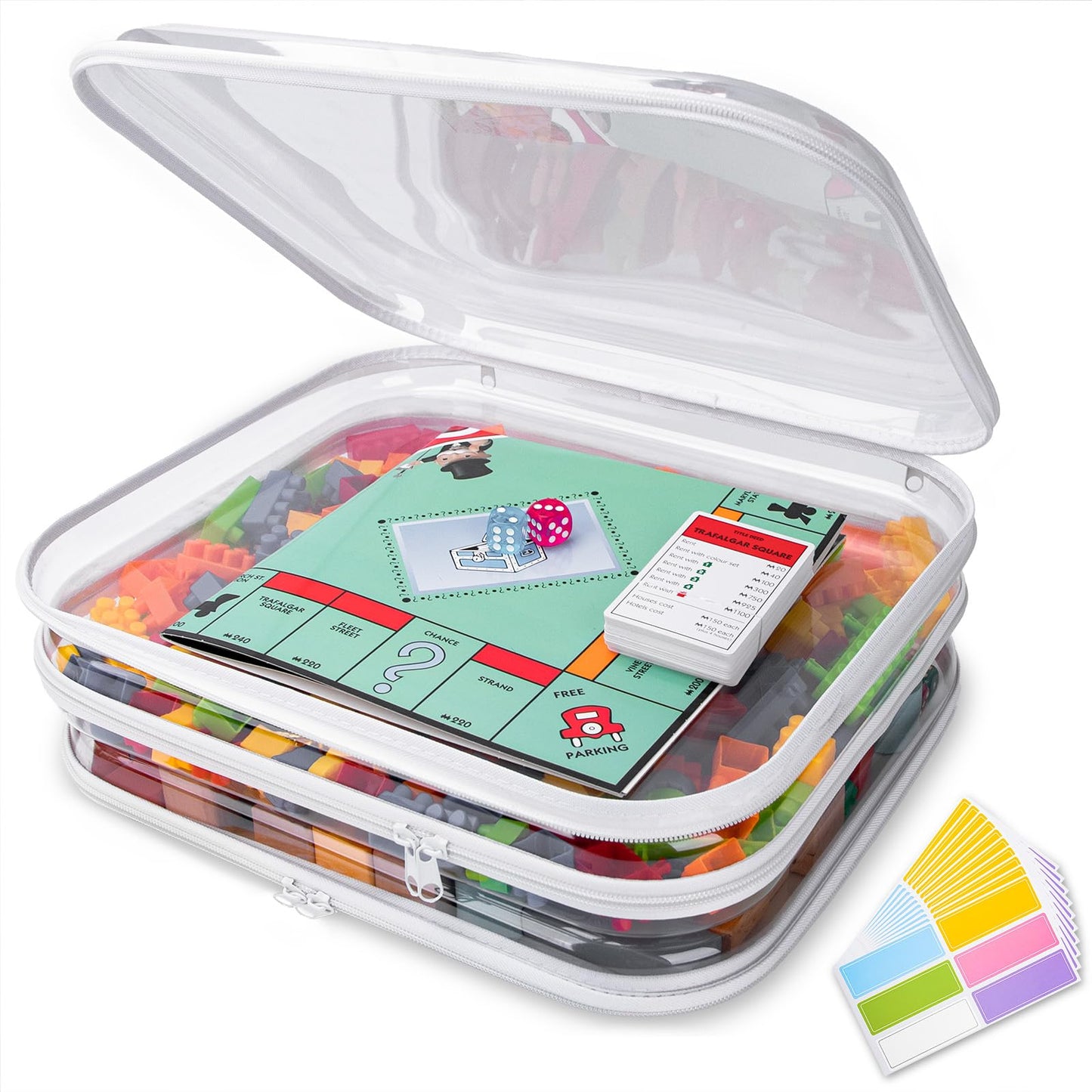 oswba 3 Pack Extra Large Clear Board Game Storage Hard Shell Case with Zipper, Organizer Set with Stickers for Card Decks Puzzle Magazine Comic Book Documents a4 Paper and Craft, 13.8 × 11.8 in